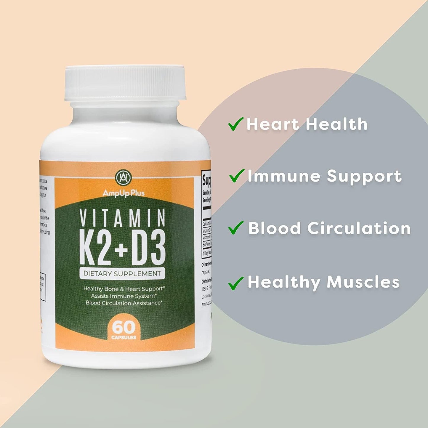 Vitamin K2+D3 with Calcium and BioPerine, Support Bone and Cardiovascular Health, 60 Veggie Capsules