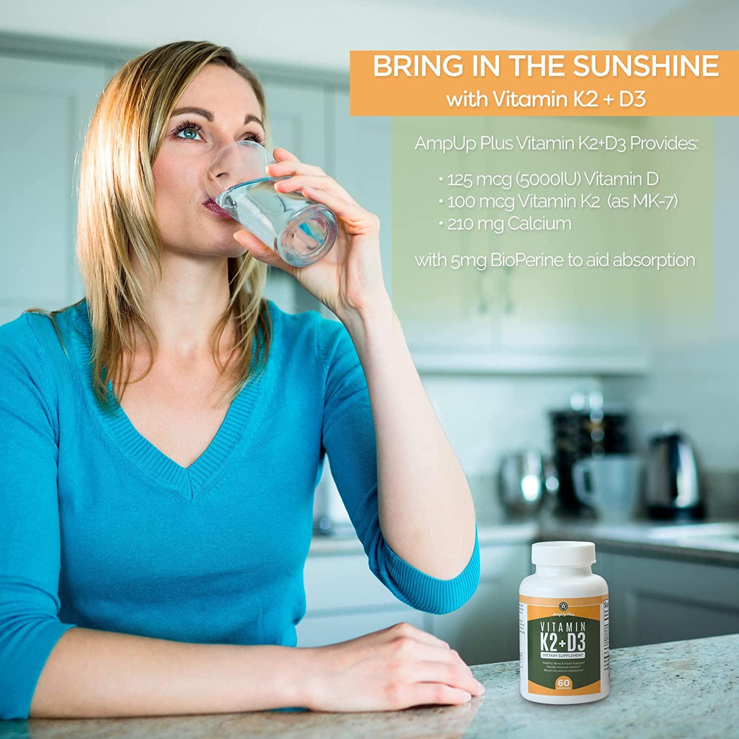 Vitamin K2+D3 with Calcium and BioPerine, Support Bone and Cardiovascular Health, 60 Veggie Capsules