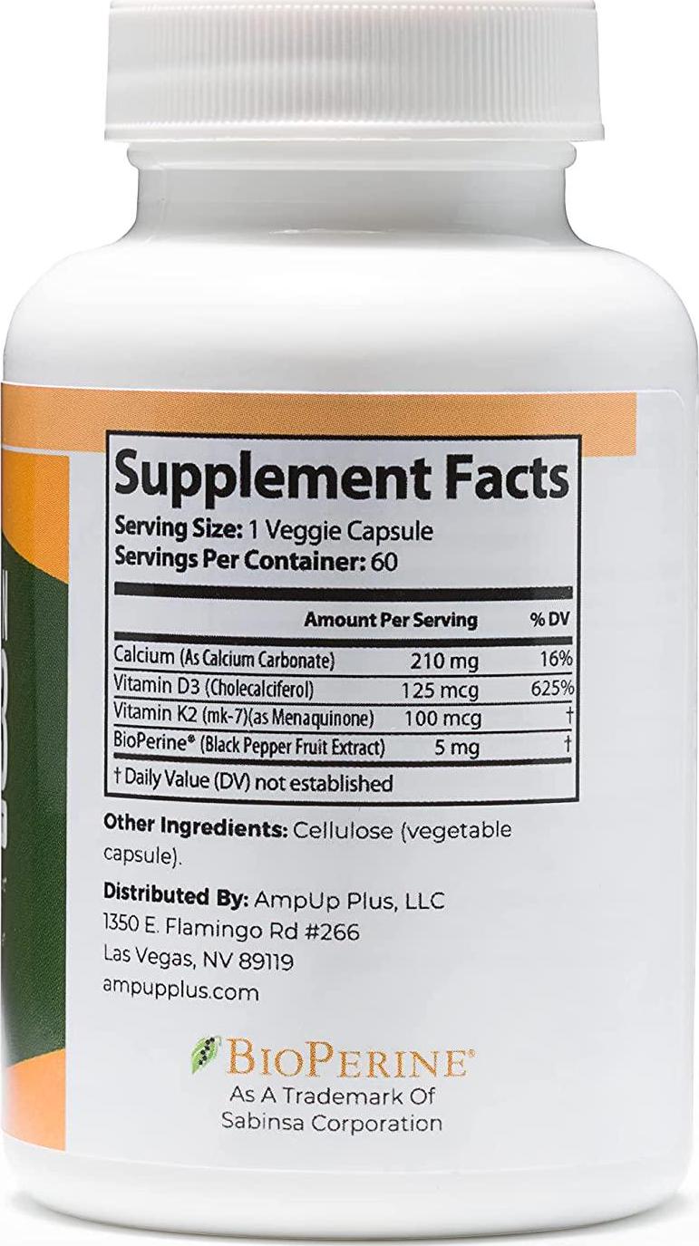Vitamin K2+D3 with Calcium and BioPerine, Support Bone and Cardiovascular Health, 60 Veggie Capsules