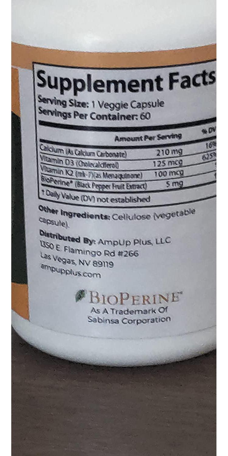 Vitamin K2+D3 with Calcium and BioPerine, Support Bone and Cardiovascular Health, 60 Veggie Capsules