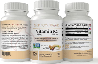 Vitamin K2 MK7 Supplement, 100mcg, 120 Count, Vegan, by Nature s Trove