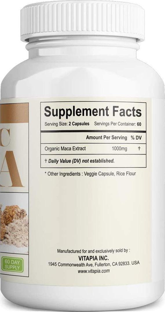 Vitapa Organic Maca Supplement 1000mg - 120 Veggie Capsules - Vegan and Non-GMO - Organic Peruvian Maca Powder - Energy, Performance, Mood, and Balances Hormones