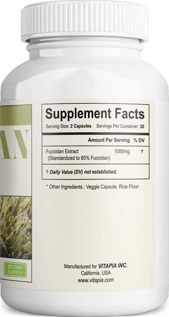 Vitapia Fucoidan 1000mg per Serving - Standardized to 85% Fucoidan Extract Capsules - 60 Veggie Capsules - Vegan and Non-GMO - Support Immune System, Powerful Antioxidant, Cognitive Health