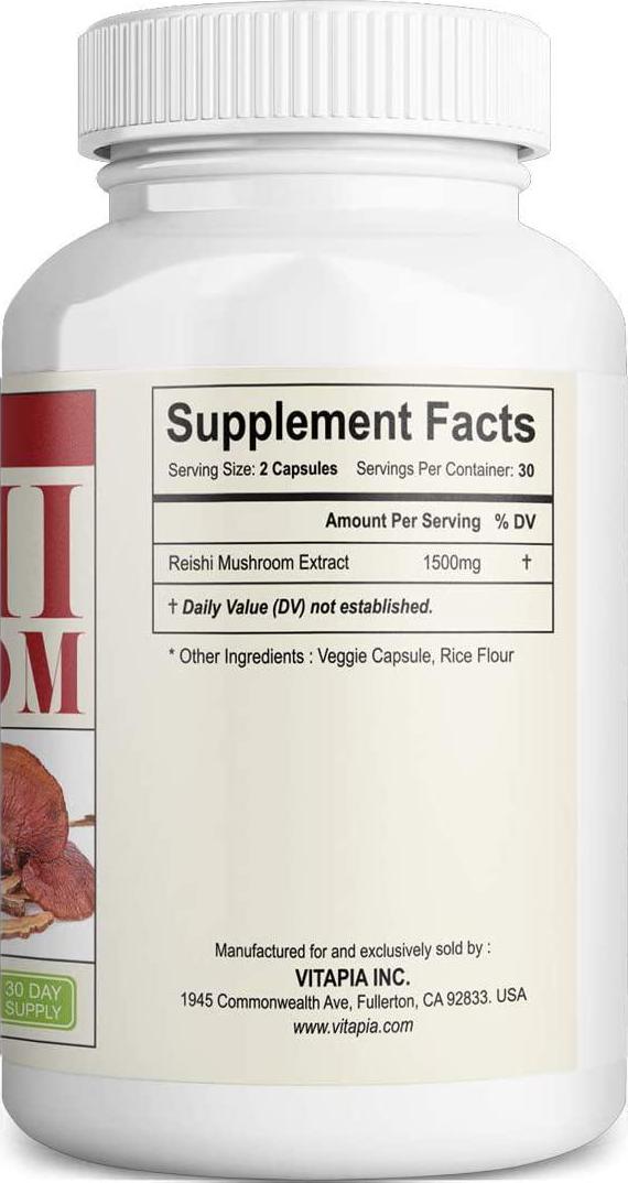 Vitapia Reishi Mushroom 1500mg per Serving - 60 Veggie Capsules - Vegan and Non-GMO - Supports a Healthy Heart, Cardiovascular System, Blood Sugar Levels and Balances Hormones