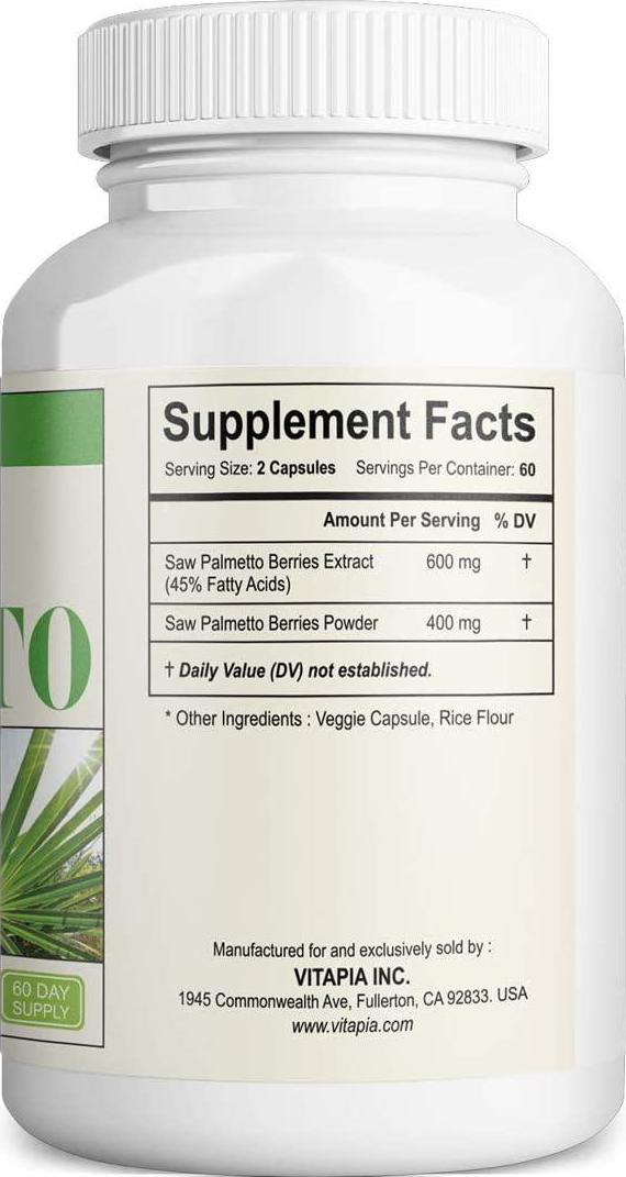 Vitapia Saw Palmetto 1000mg per Serving - 120 Veggie Capsules - Vegan and Non-GMO - Saw Palmetto Complex for Prostate Health, Healthy Urination, DHT Blocker, Hair Loss Prevention