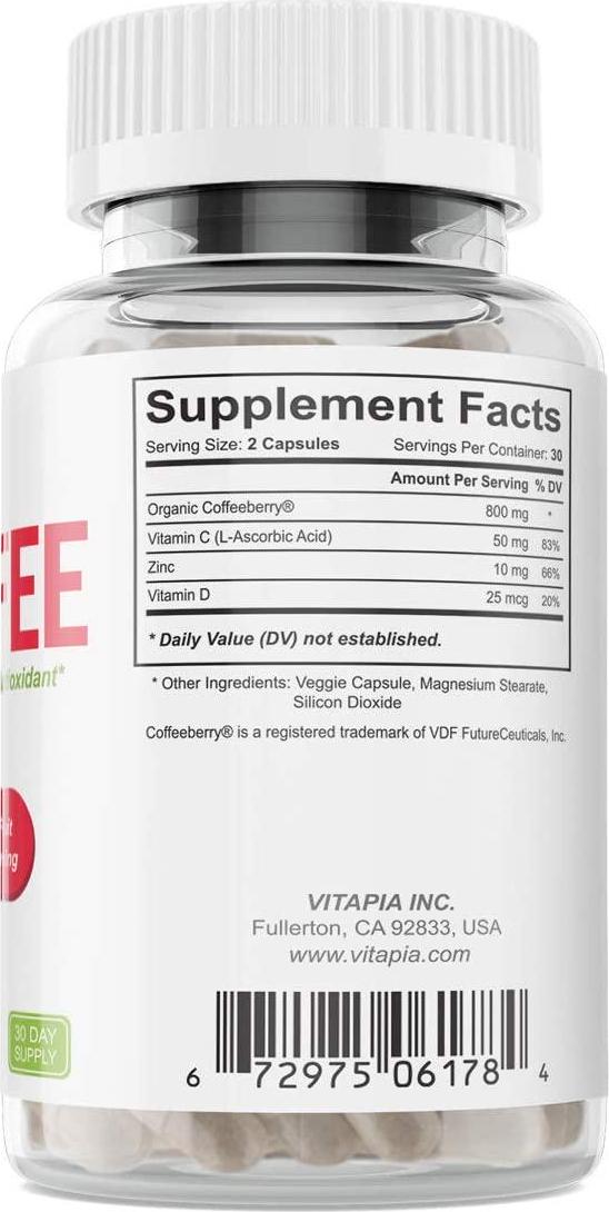 Vitapia Vitacoffee Capsules - Organic Coffeeberry Supplement - Coffee Fruit Extract - Powerful Antioxidant, Support Brain Health, Immune Support* - 30 Day Supply - Non GMO and Gluten Free