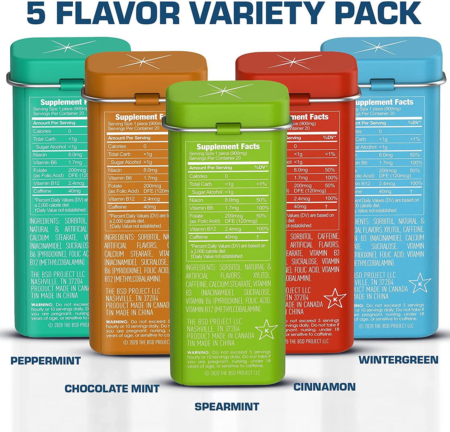 Viter Energy Caffeinated Mints - 5 Flavor Variety Pack. 40mg Caffeine, B Vitamins, Sugar Free Vegan Breath Mint. Powerful Energizing Boost. 2 Energy Mints Replace 1 Coffee, Gum, Chews, Gummies, Candy