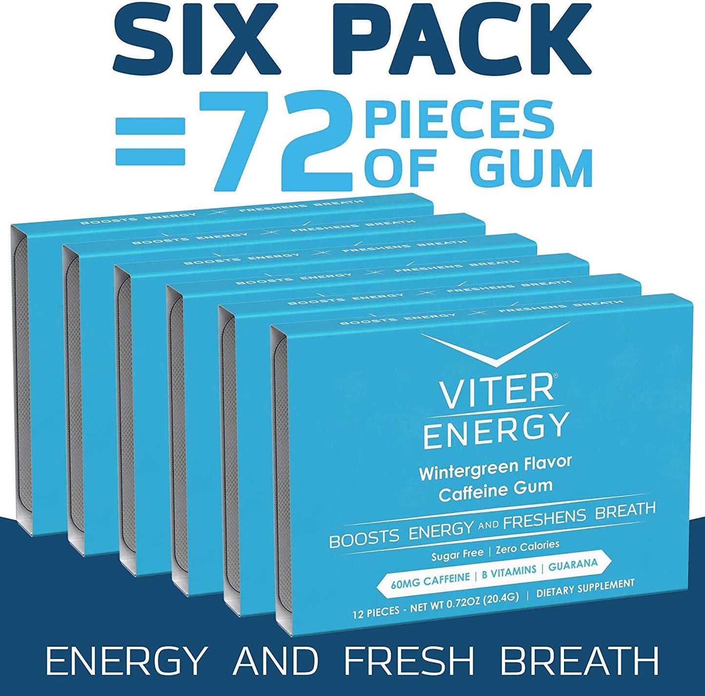 Viter Energy Caffeinated Gum - 60mg Caffeine, B Vitamins, Guarana, Sugar Free Vegan Chewing Gum. Zero Calories. Performance Nootropic Chews for Powerful Energizing Focused Boost (Wintergreen, 6 Pack)