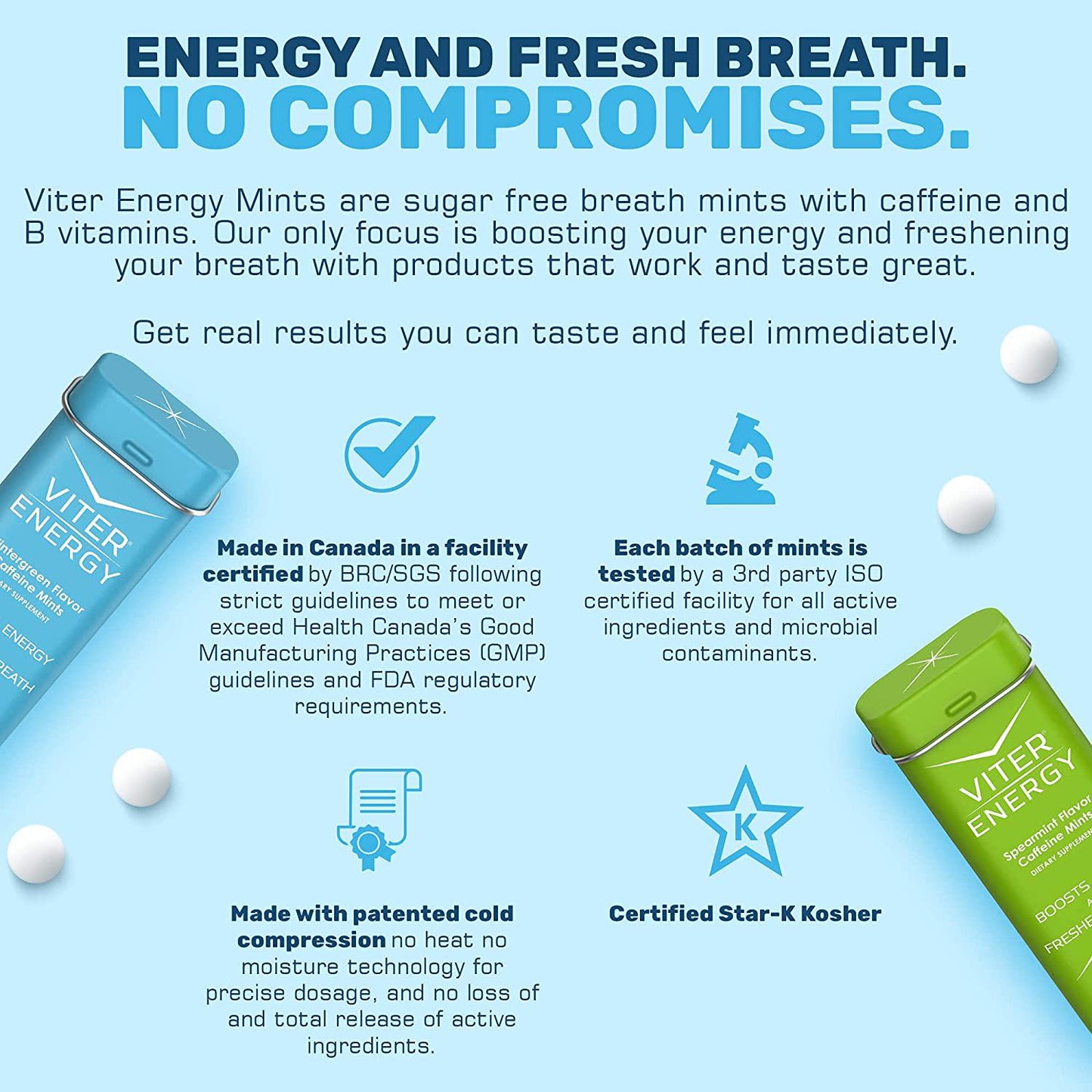 Viter Energy Caffeinated Mints - 5 Flavor Variety Pack. 40mg Caffeine, B Vitamins, Sugar Free Vegan Breath Mint. Powerful Energizing Boost. 2 Energy Mints Replace 1 Coffee, Gum, Chews, Gummies, Candy
