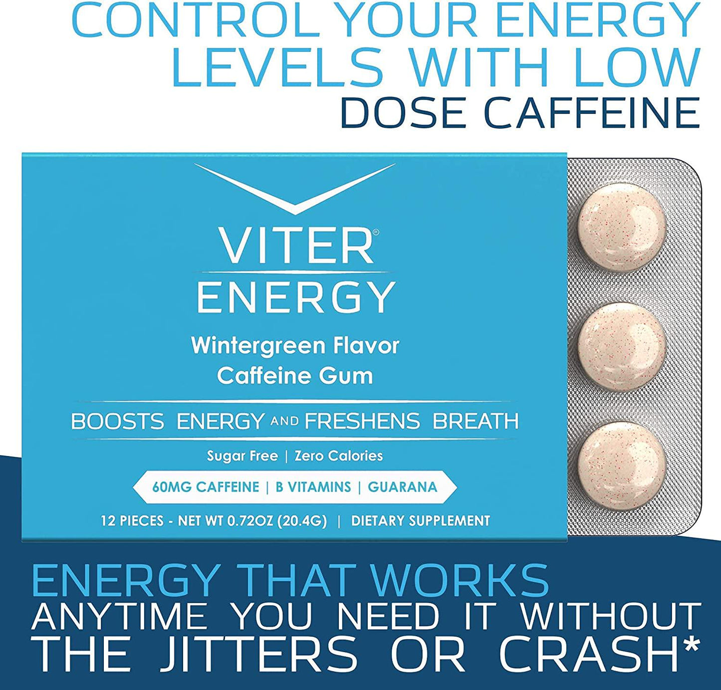 Viter Energy Caffeinated Gum - 60mg Caffeine, B Vitamins, Guarana, Sugar Free Vegan Chewing Gum. Zero Calories. Performance Nootropic Chews for Powerful Energizing Focused Boost (Wintergreen, 6 Pack)