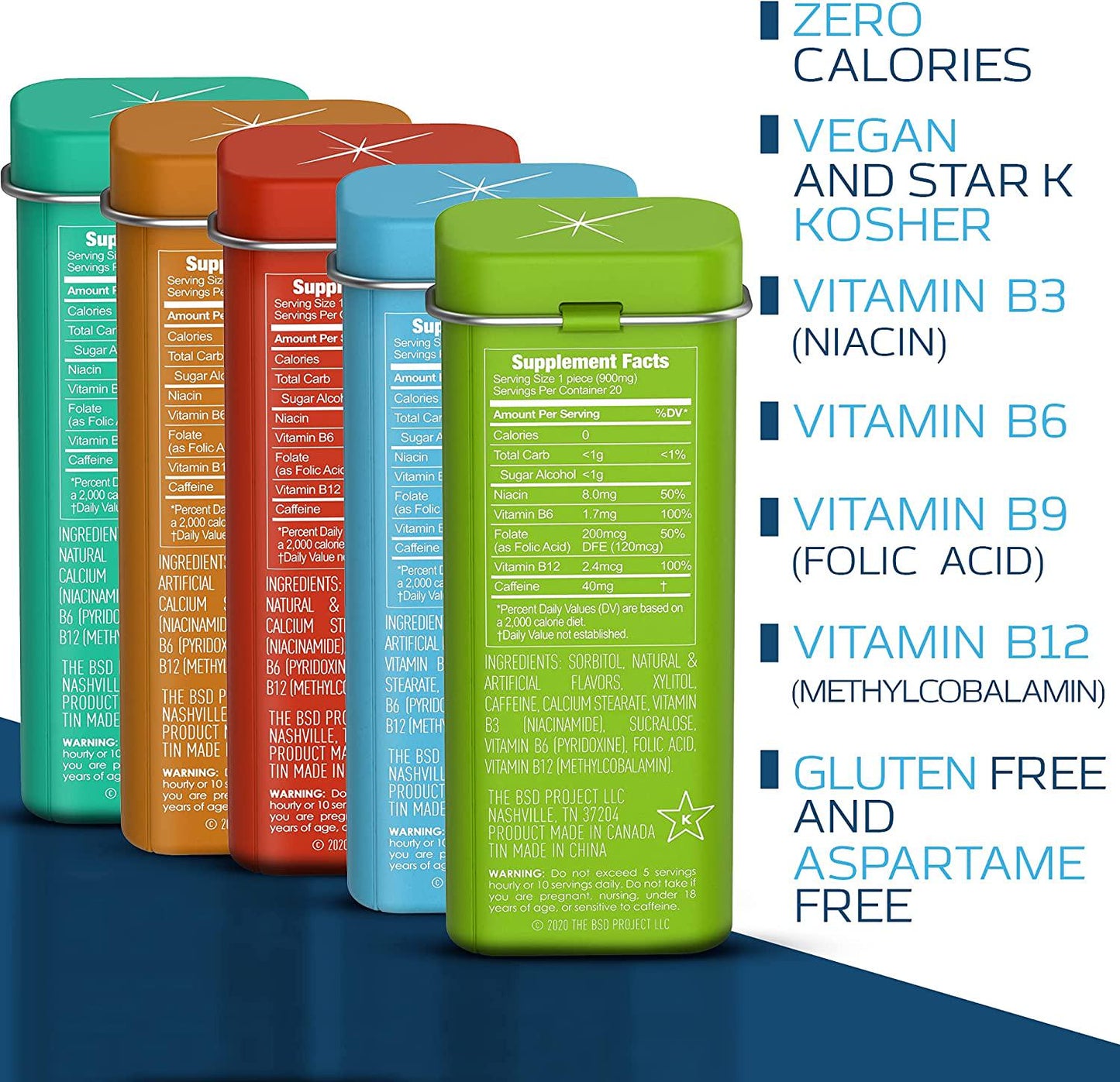 Viter Energy Caffeinated Mints - 5 Flavor Variety Pack. 40mg Caffeine, B Vitamins, Sugar Free Vegan Breath Mint. Powerful Energizing Boost. 2 Energy Mints Replace 1 Coffee, Gum, Chews, Gummies, Candy