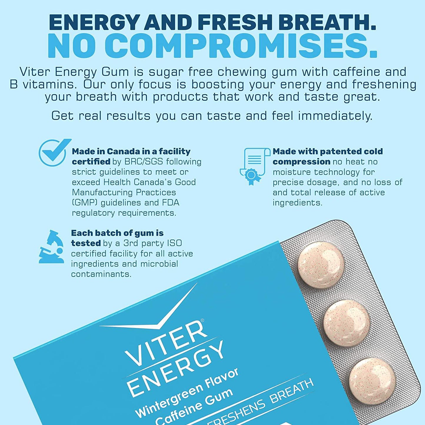 Viter Energy Caffeinated Gum - 60mg Caffeine, B Vitamins, Guarana, Sugar Free Vegan Chewing Gum. Zero Calories. Performance Nootropic Chews for Powerful Energizing Focused Boost (Wintergreen, 6 Pack)