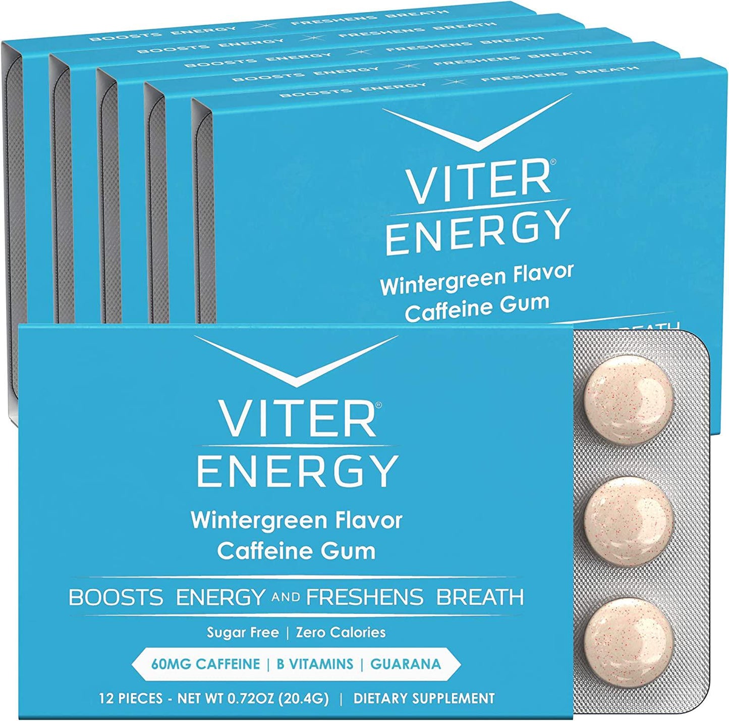 Viter Energy Caffeinated Gum - 60mg Caffeine, B Vitamins, Guarana, Sugar Free Vegan Chewing Gum. Zero Calories. Performance Nootropic Chews for Powerful Energizing Focused Boost (Wintergreen, 6 Pack)