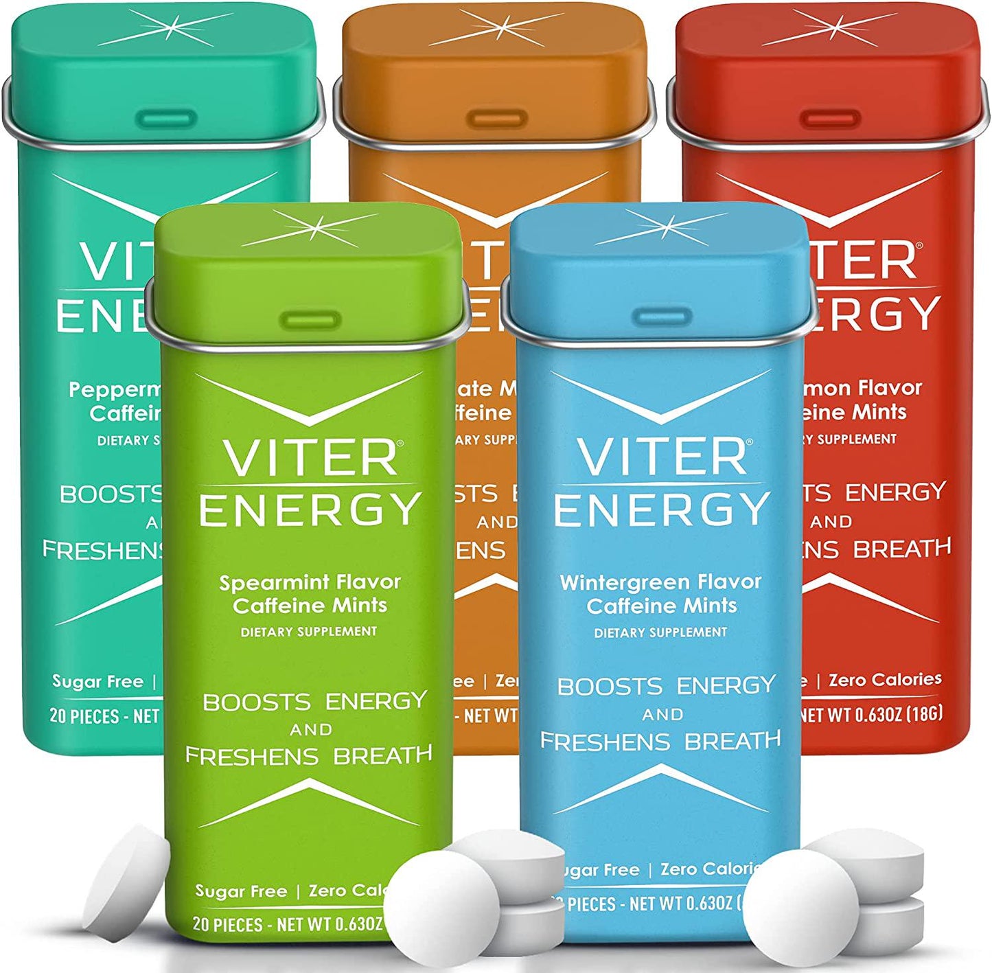 Viter Energy Caffeinated Mints - 5 Flavor Variety Pack. 40mg Caffeine, B Vitamins, Sugar Free Vegan Breath Mint. Powerful Energizing Boost. 2 Energy Mints Replace 1 Coffee, Gum, Chews, Gummies, Candy