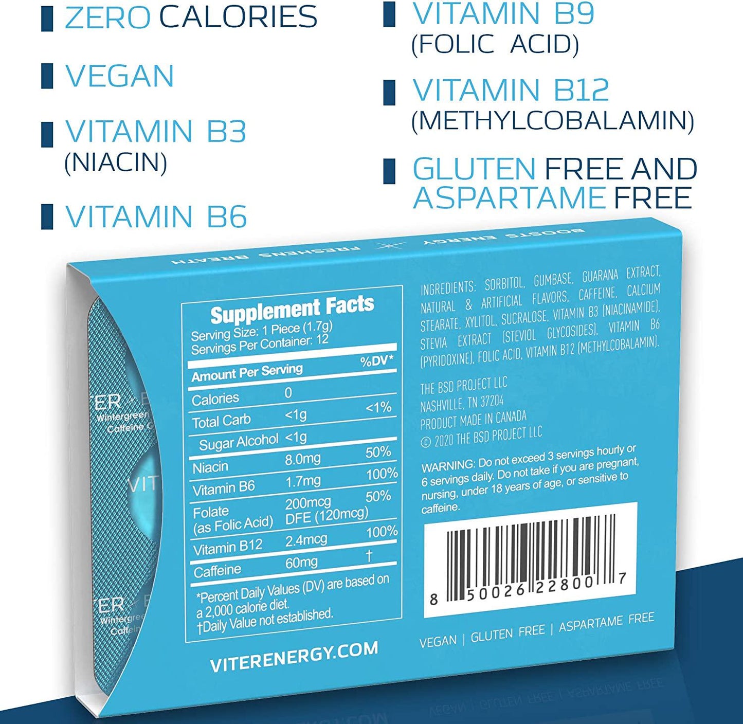 Viter Energy Caffeinated Gum - 60mg Caffeine, B Vitamins, Guarana, Sugar Free Vegan Chewing Gum. Zero Calories. Performance Nootropic Chews for Powerful Energizing Focused Boost (Wintergreen, 6 Pack)