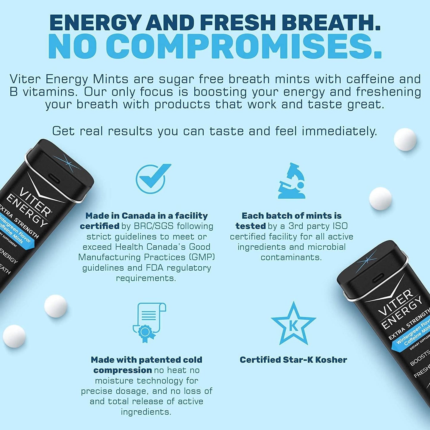 Viter Energy Extra Strength Caffeinated Mints - 80mg Caffeine, B Vitamins, Sugar Free Vegan Breath Mint. Powerful Energizing Boost. 1 Mint Replaces 1 Coffee, Gum, Chews, Gummies (Wintergreen, 6 Pack)