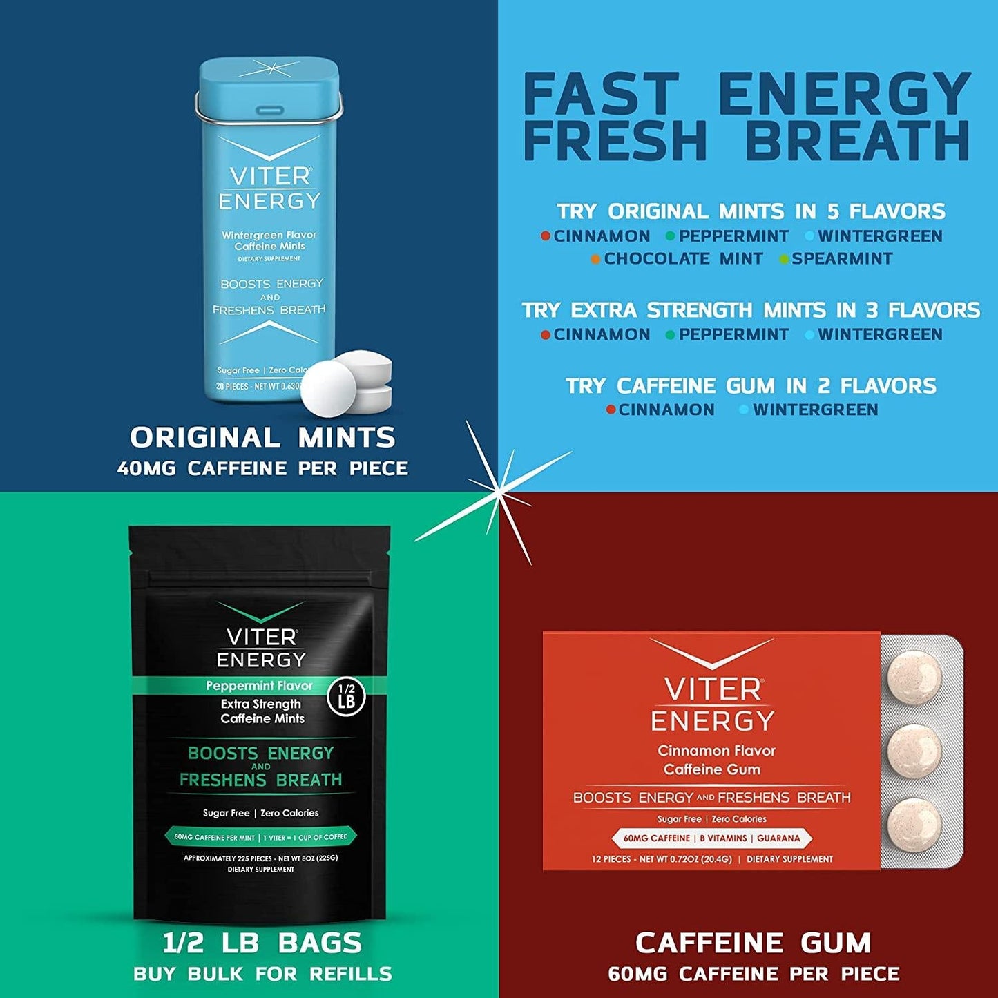 Viter Energy Extra Strength Caffeinated Mints - 80mg Caffeine, B Vitamins, Sugar Free Vegan Breath Mint. Powerful Energizing Boost. 1 Mint Replaces 1 Coffee, Gum, Chews, Gummies (Wintergreen, 6 Pack)