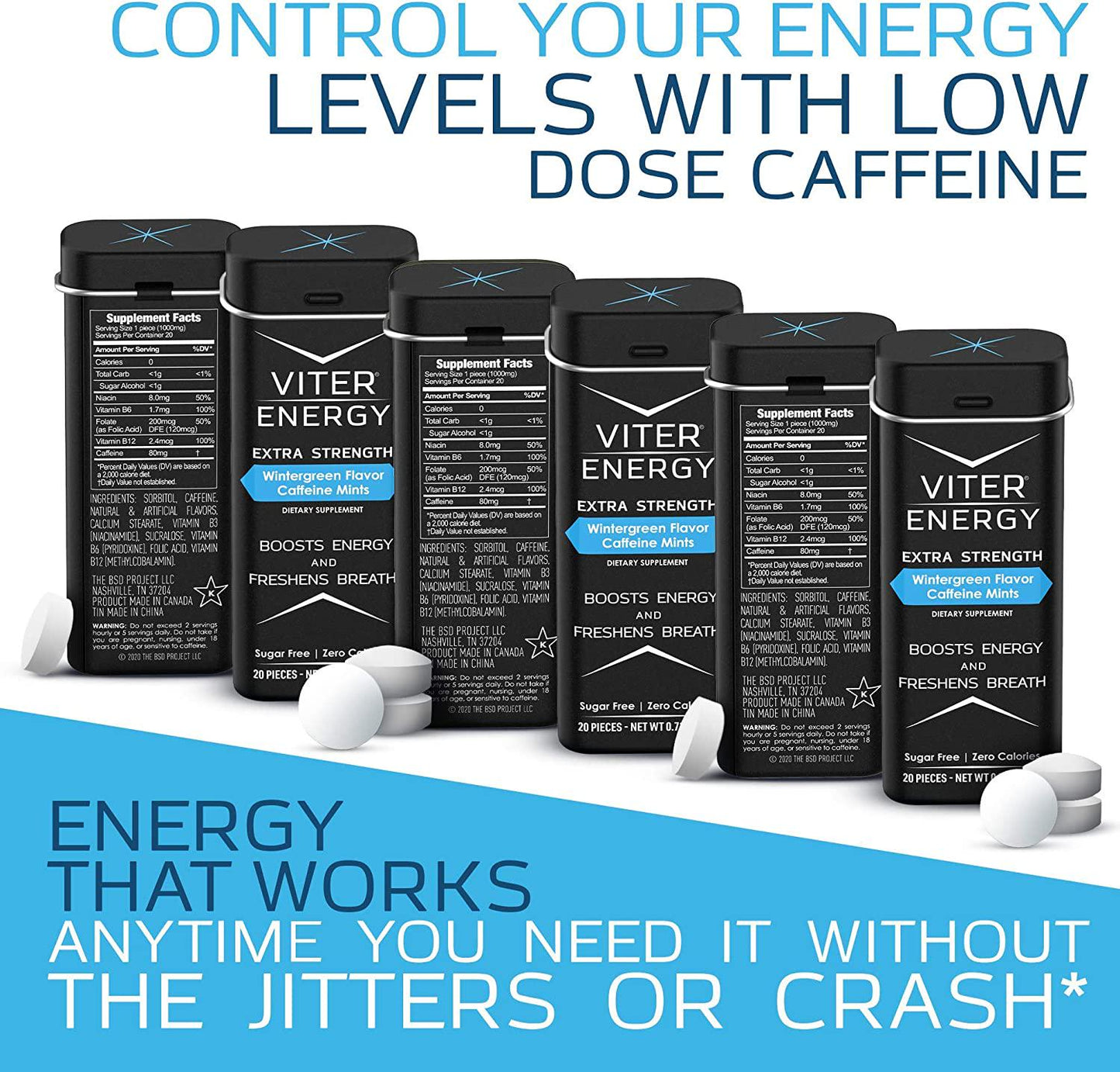 Viter Energy Extra Strength Caffeinated Mints - 80mg Caffeine, B Vitamins, Sugar Free Vegan Breath Mint. Powerful Energizing Boost. 1 Mint Replaces 1 Coffee, Gum, Chews, Gummies (Wintergreen, 6 Pack)