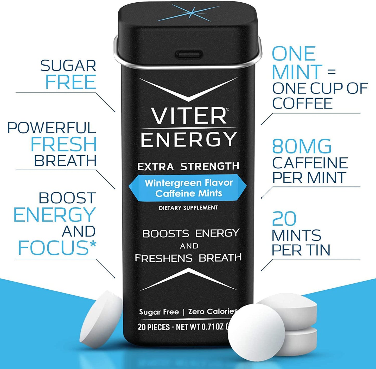 Viter Energy Extra Strength Caffeinated Mints - 80mg Caffeine, B Vitamins, Sugar Free Vegan Breath Mint. Powerful Energizing Boost. 1 Mint Replaces 1 Coffee, Gum, Chews, Gummies (Wintergreen, 6 Pack)