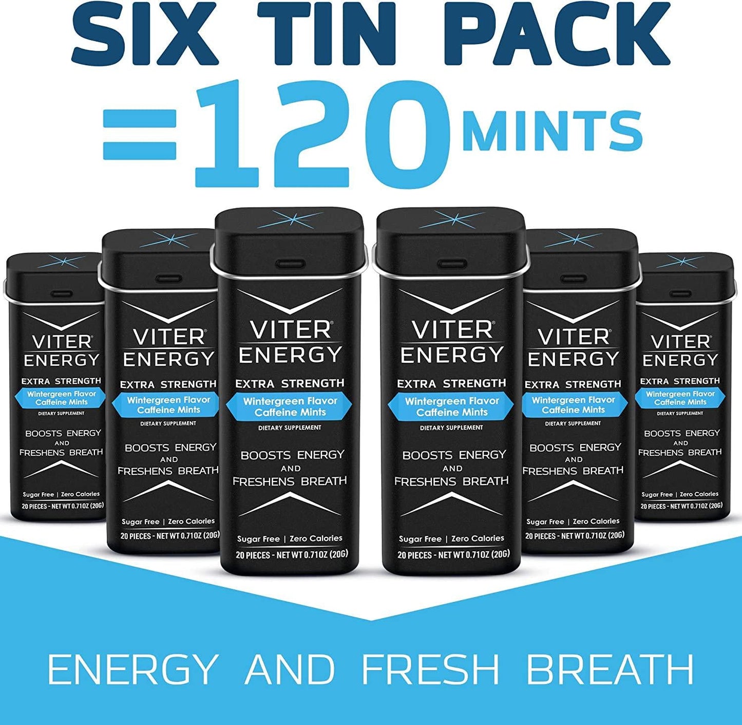 Viter Energy Extra Strength Caffeinated Mints - 80mg Caffeine, B Vitamins, Sugar Free Vegan Breath Mint. Powerful Energizing Boost. 1 Mint Replaces 1 Coffee, Gum, Chews, Gummies (Wintergreen, 6 Pack)