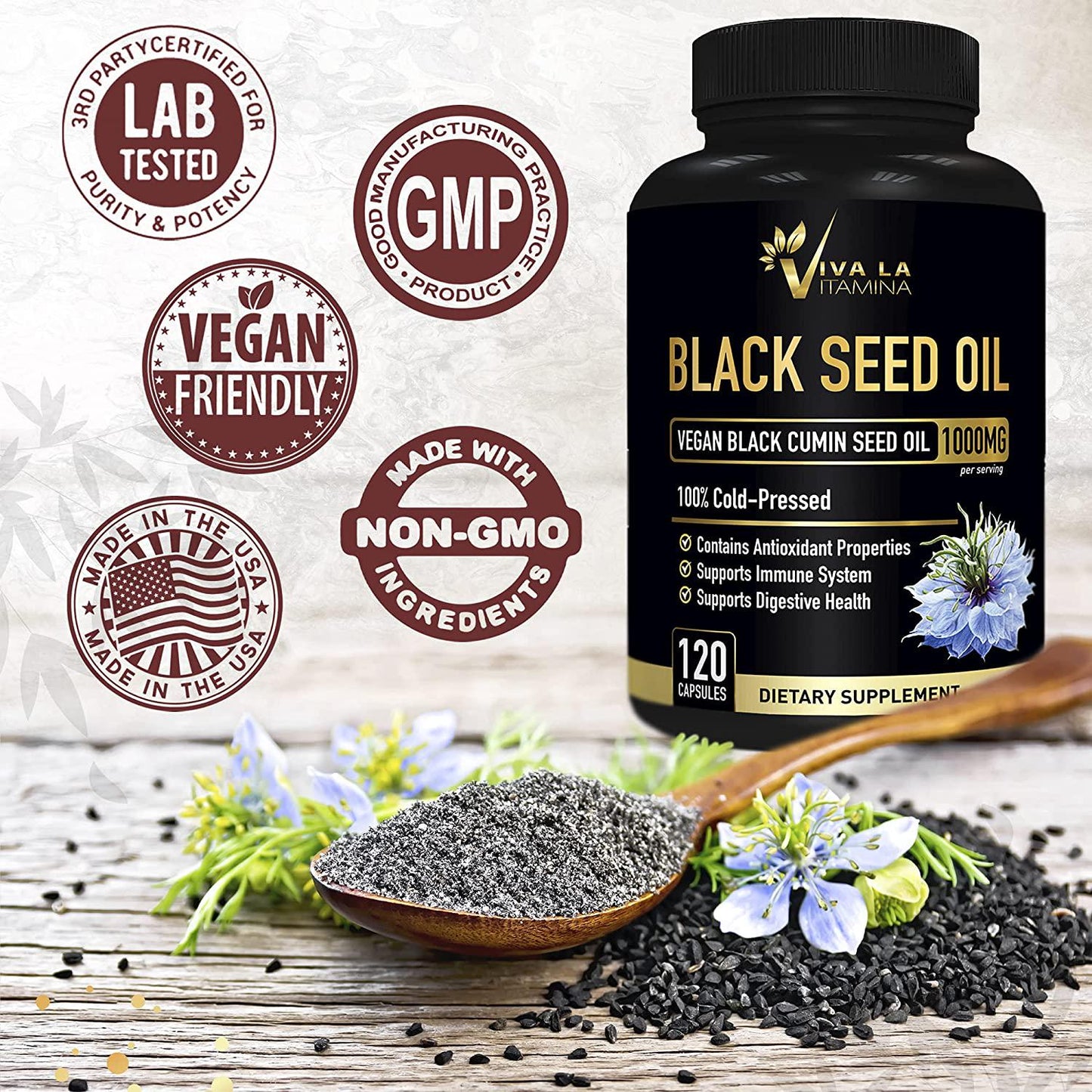 Viva La Vitamina Vegan Black Cumin Seed Oil Capsules 1000mg, Cold Pressed Pure Nigella Sativa, Natural Blackseed Oil Extract with Fatty Acids for Antioxidant Immune Support and Digestion (120 Caps)