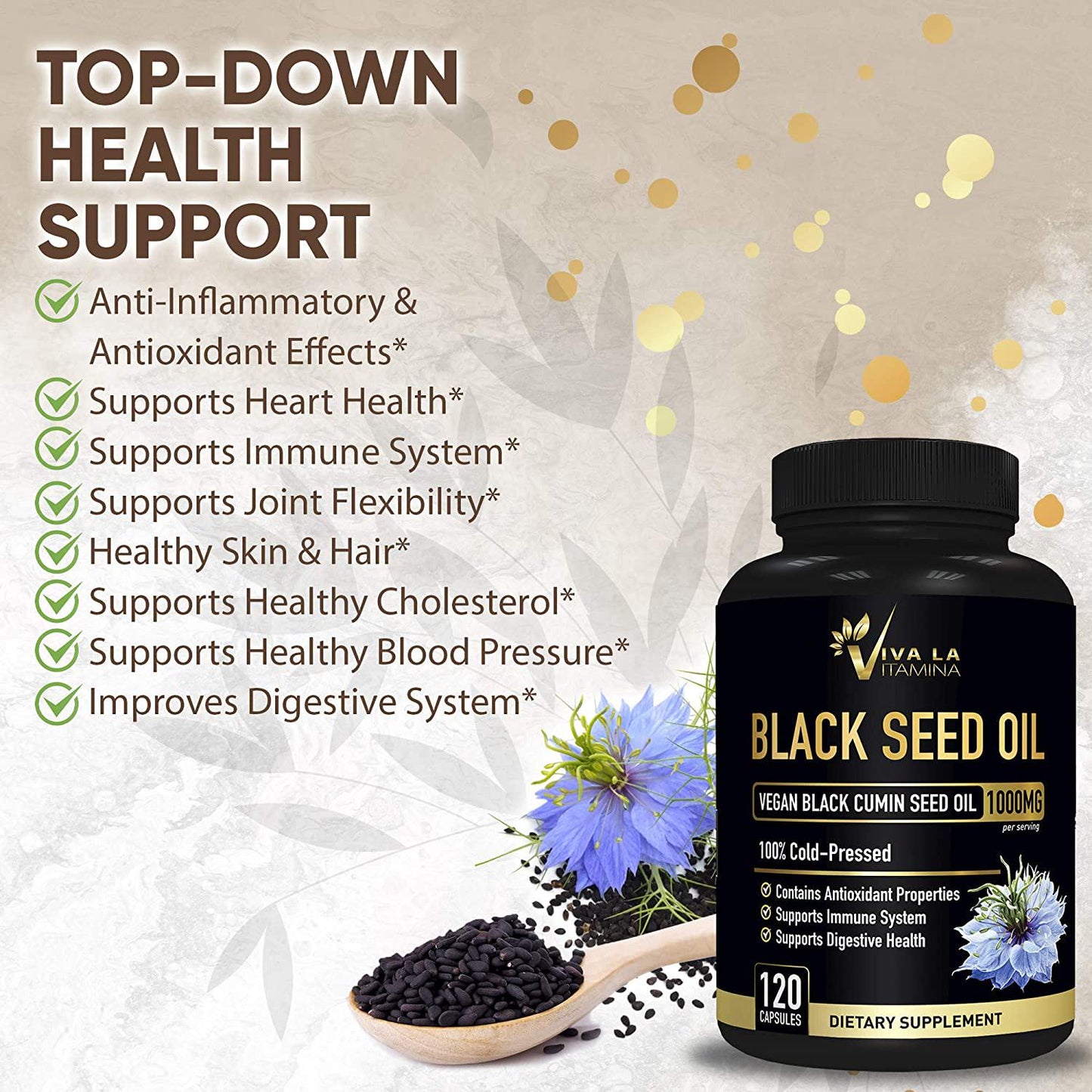 Viva La Vitamina Vegan Black Cumin Seed Oil Capsules 1000mg, Cold Pressed Pure Nigella Sativa, Natural Blackseed Oil Extract with Fatty Acids for Antioxidant Immune Support and Digestion (120 Caps)