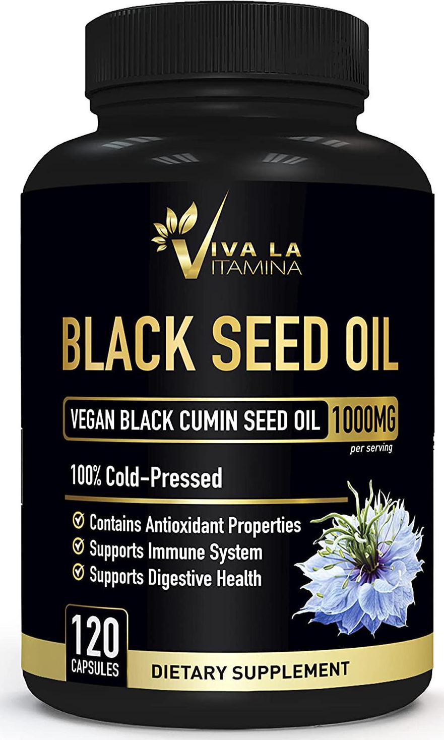 Viva La Vitamina Vegan Black Cumin Seed Oil Capsules 1000mg, Cold Pressed Pure Nigella Sativa, Natural Blackseed Oil Extract with Fatty Acids for Antioxidant Immune Support and Digestion (120 Caps)