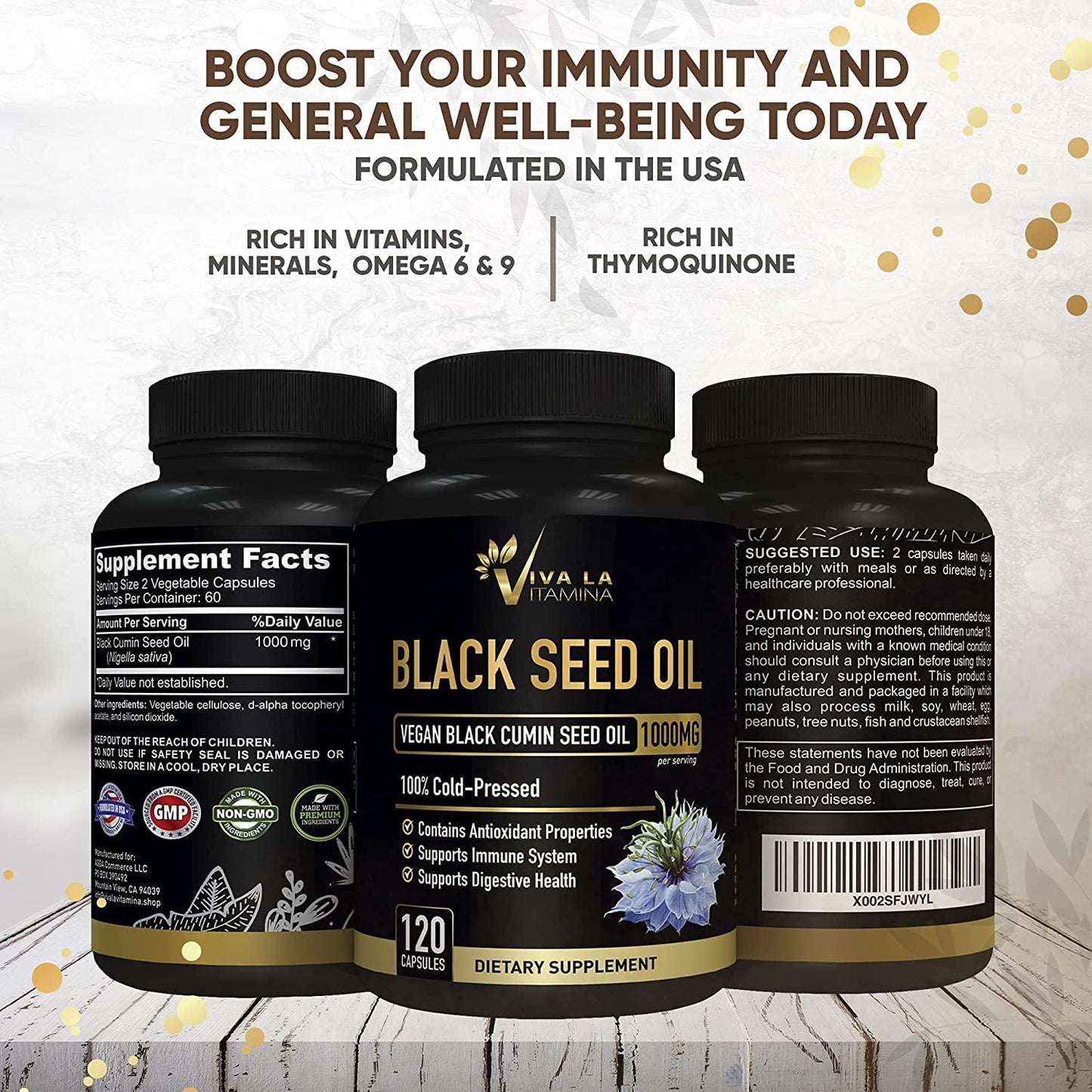 Viva La Vitamina Vegan Black Cumin Seed Oil Capsules 1000mg, Cold Pressed Pure Nigella Sativa, Natural Blackseed Oil Extract with Fatty Acids for Antioxidant Immune Support and Digestion (120 Caps)