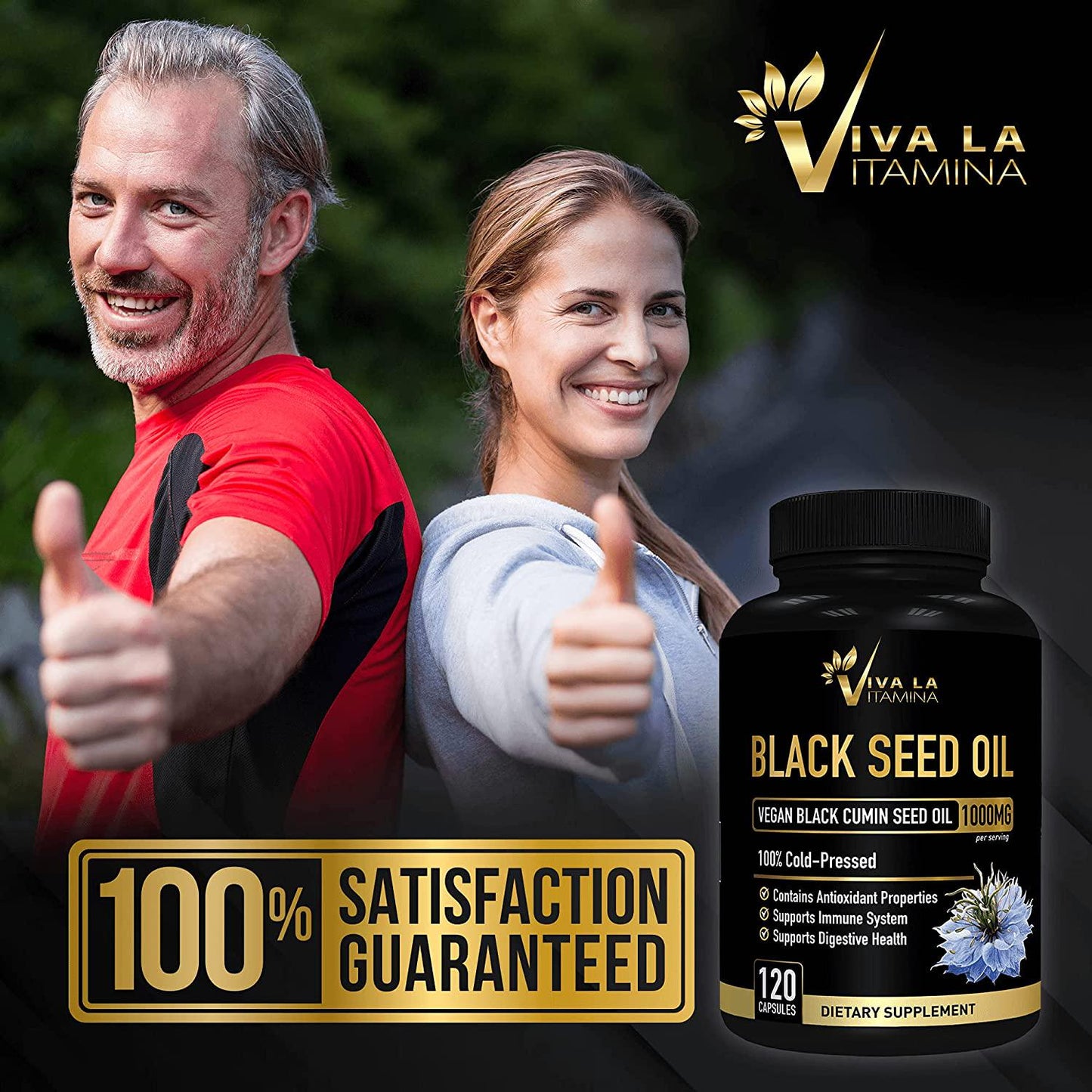 Viva La Vitamina Vegan Black Cumin Seed Oil Capsules 1000mg, Cold Pressed Pure Nigella Sativa, Natural Blackseed Oil Extract with Fatty Acids for Antioxidant Immune Support and Digestion (120 Caps)