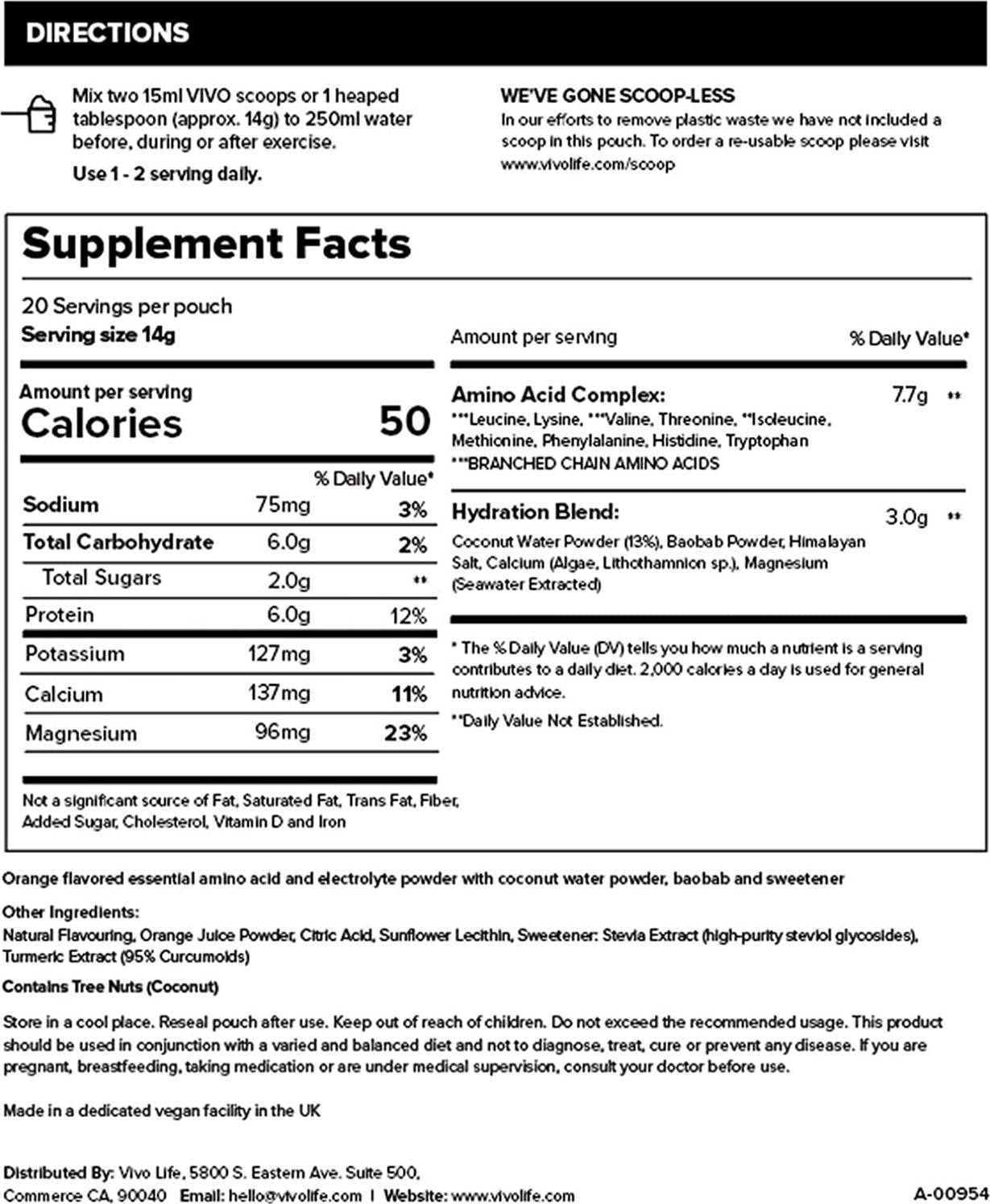 Vivo Life Sustain Vegan EAA Workout Supplement and Electrolyte Complex, 280g - 20 Servings (Orange and Baobab)