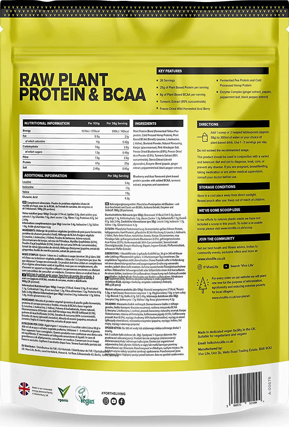 Vivo Perform Raw Plant Acai/Blueberry Protein and BCAA Powder