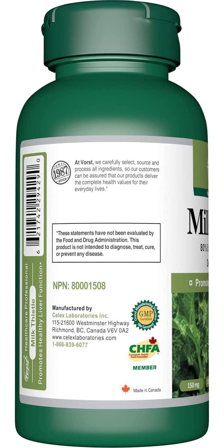 Vorst Milk Thistle 150mg 120 Capsules 80% Silymarin Extract Liver Health and Detoxification Liver Support Gallbladder Liver Detox Natural Cleanse Supplement Cardo de Leche