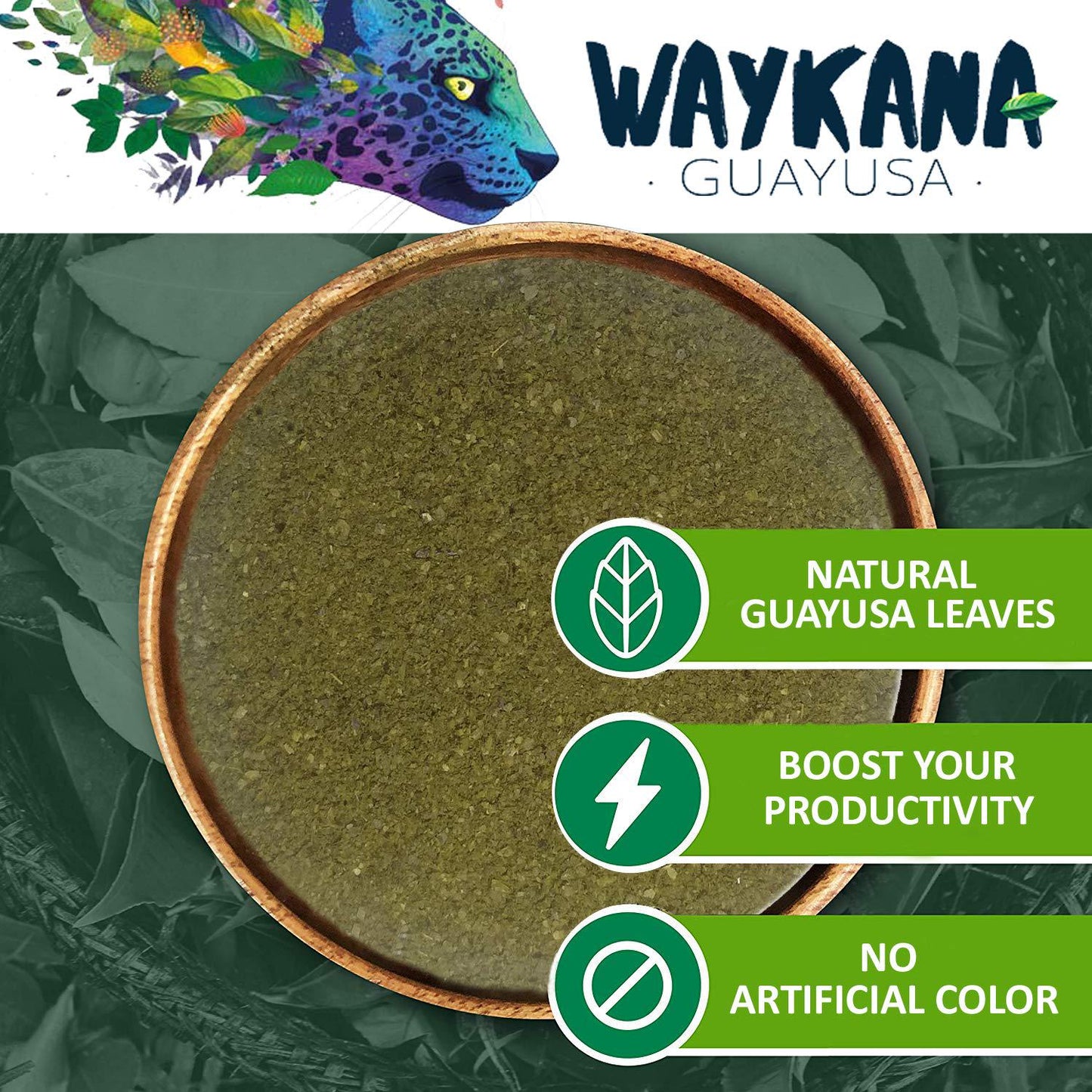 WAYKANA Guayusa Organic Leaf Energy Tea Powder | Antioxidant Natural Energy Powder and Nutritional Guayusa Tea | Super Food Mental Focus and Energy Guayusa Powder Drinks, 300g (150 Servings)