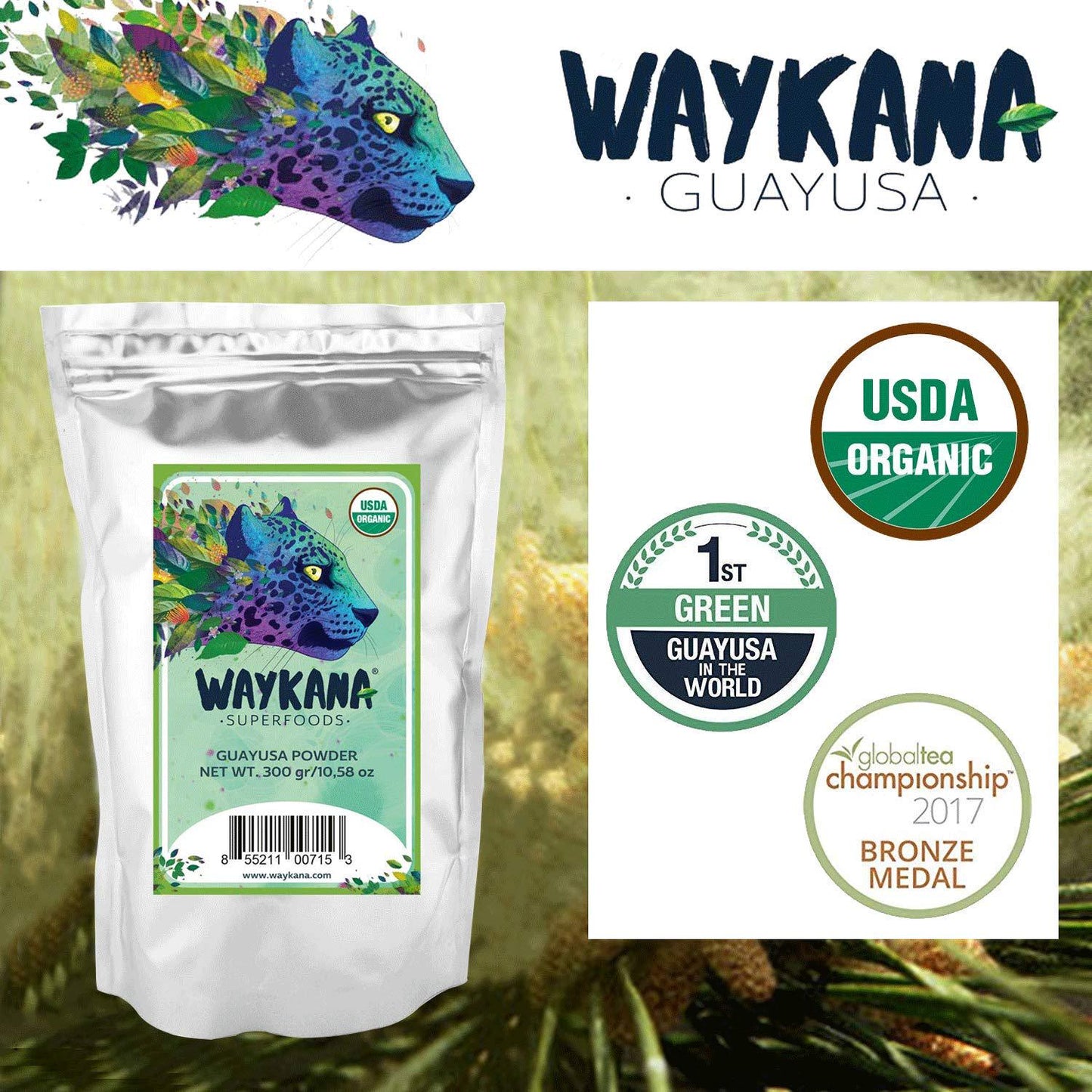WAYKANA Guayusa Organic Leaf Energy Tea Powder | Antioxidant Natural Energy Powder and Nutritional Guayusa Tea | Super Food Mental Focus and Energy Guayusa Powder Drinks, 300g (150 Servings)