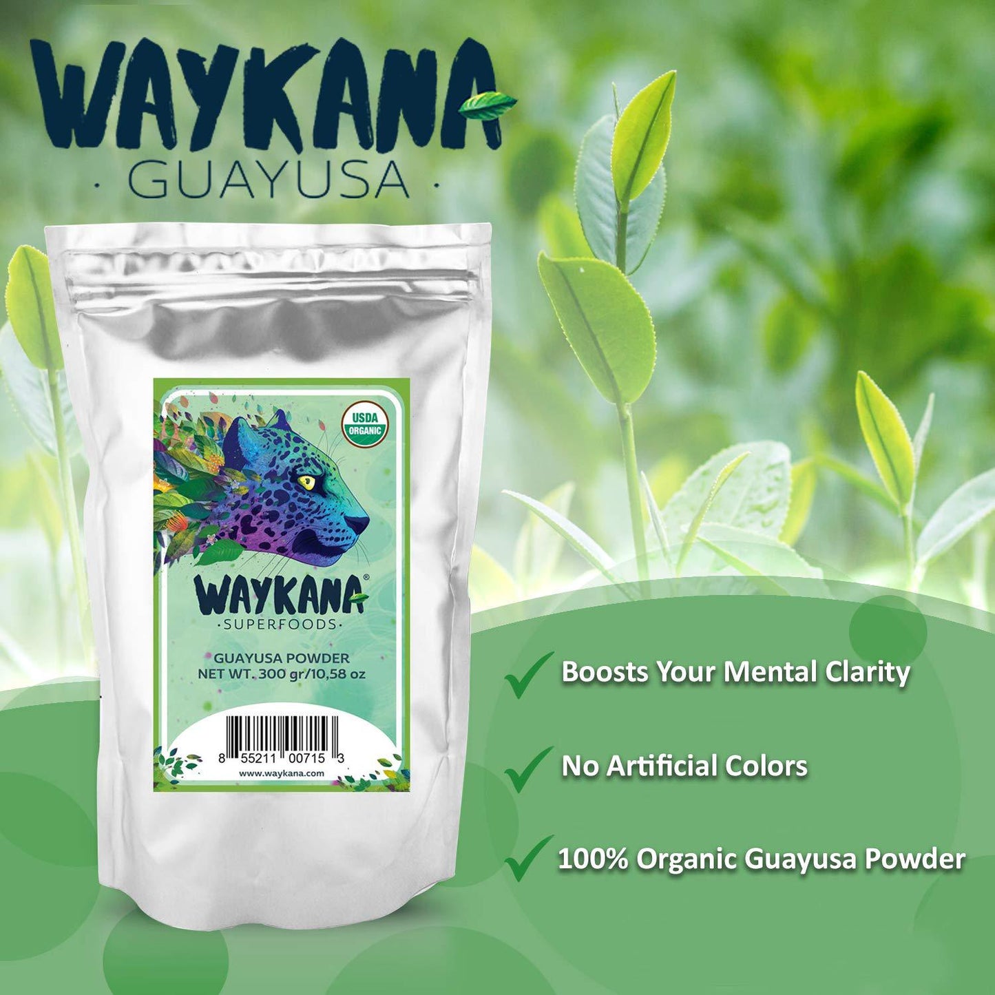 WAYKANA Guayusa Organic Leaf Energy Tea Powder | Antioxidant Natural Energy Powder and Nutritional Guayusa Tea | Super Food Mental Focus and Energy Guayusa Powder Drinks, 300g (150 Servings)