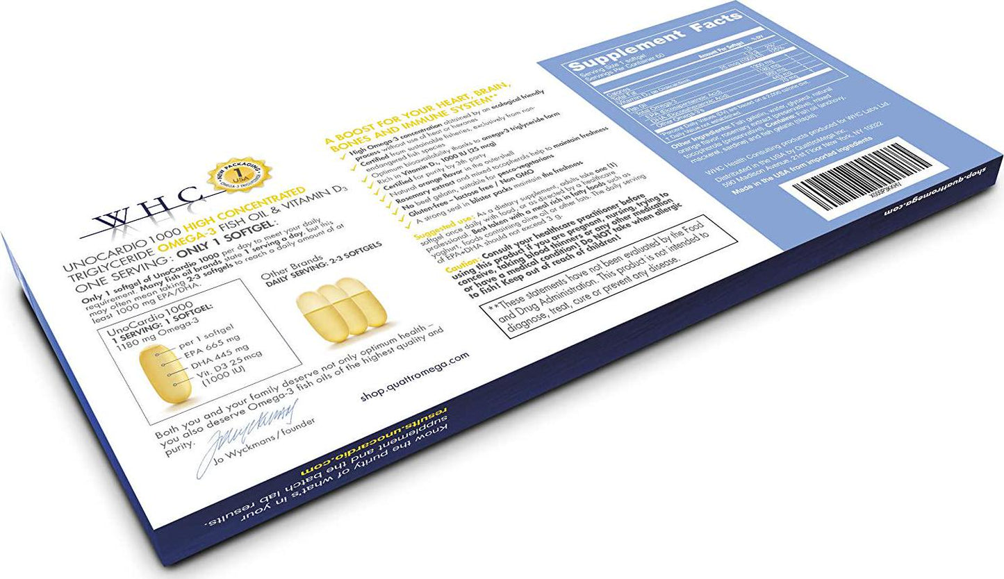WHC - UnoCardio 1000 (60 Softgels) - 1300 mg of Pure Triglyceride Fish Oil with high Concentration Omega-3 (1180 mg), 665 mg EPA and 445 mg DHA and 25 mcg (1000 IU) Vitamin D3 per softgel