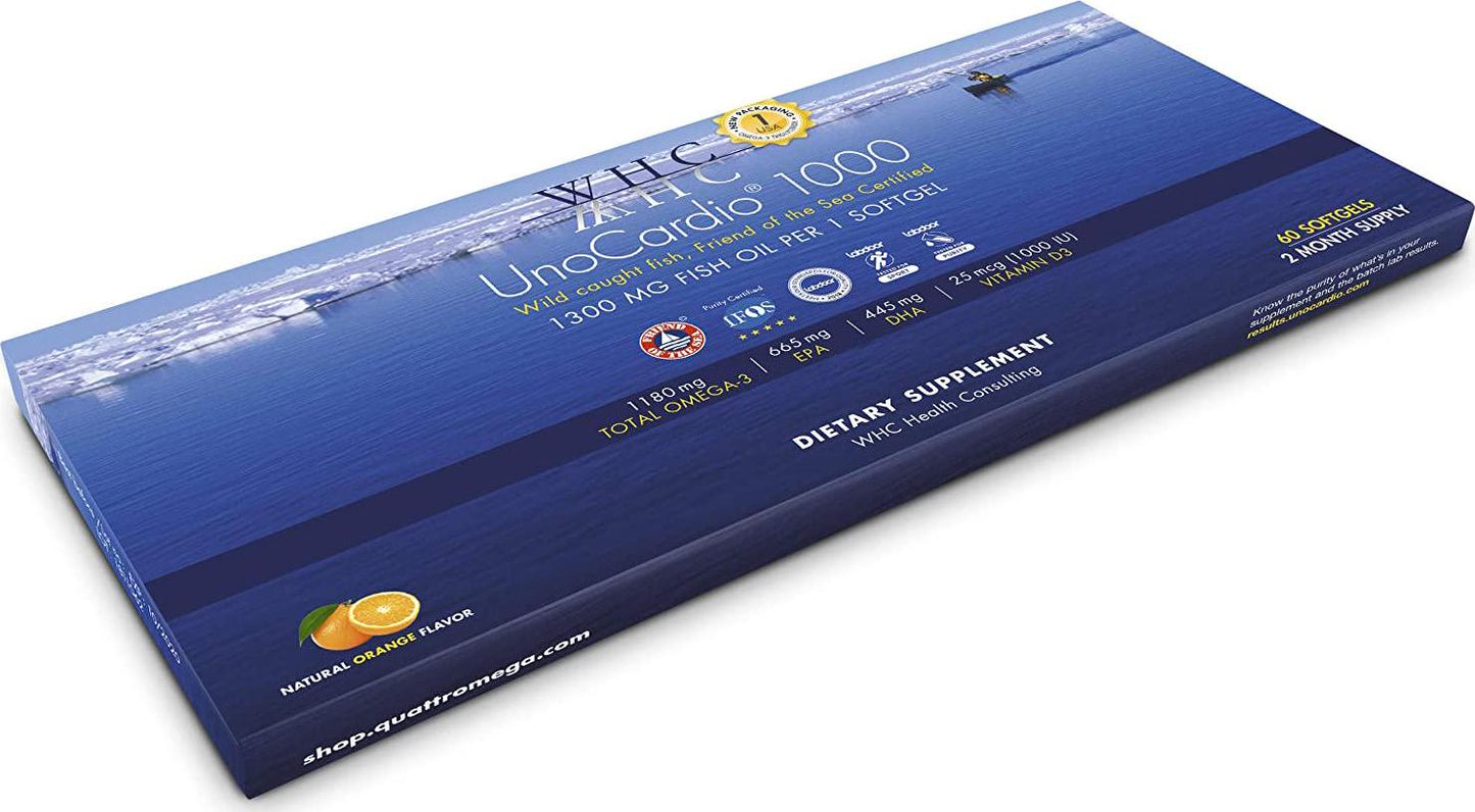 WHC - UnoCardio 1000 (60 Softgels) - 1300 mg of Pure Triglyceride Fish Oil with high Concentration Omega-3 (1180 mg), 665 mg EPA and 445 mg DHA and 25 mcg (1000 IU) Vitamin D3 per softgel