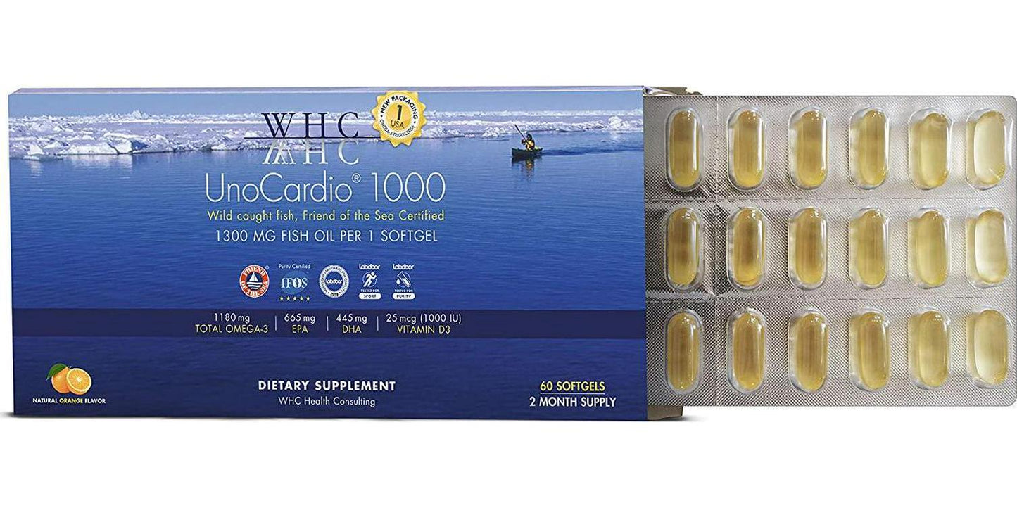 WHC - UnoCardio 1000 (60 Softgels) - 1300 mg of Pure Triglyceride Fish Oil with high Concentration Omega-3 (1180 mg), 665 mg EPA and 445 mg DHA and 25 mcg (1000 IU) Vitamin D3 per softgel