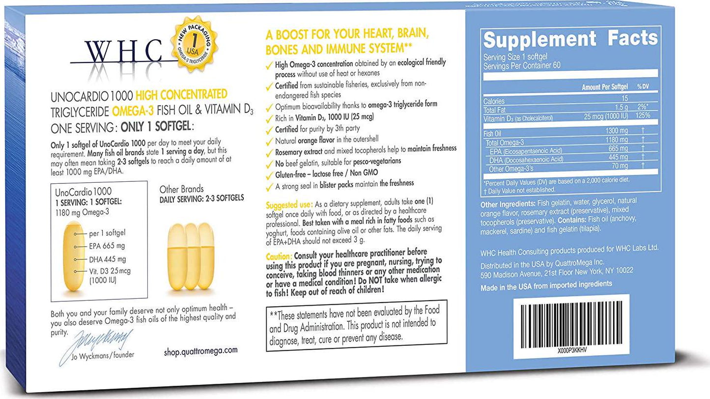 WHC - UnoCardio 1000 (60 Softgels) - 1300 mg of Pure Triglyceride Fish Oil with high Concentration Omega-3 (1180 mg), 665 mg EPA and 445 mg DHA and 25 mcg (1000 IU) Vitamin D3 per softgel