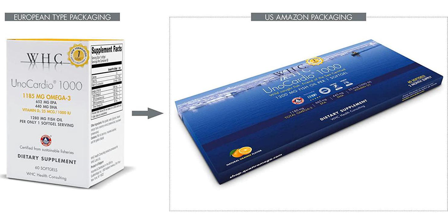 WHC - UnoCardio 1000 (60 Softgels) - 1300 mg of Pure Triglyceride Fish Oil with high Concentration Omega-3 (1180 mg), 665 mg EPA and 445 mg DHA and 25 mcg (1000 IU) Vitamin D3 per softgel