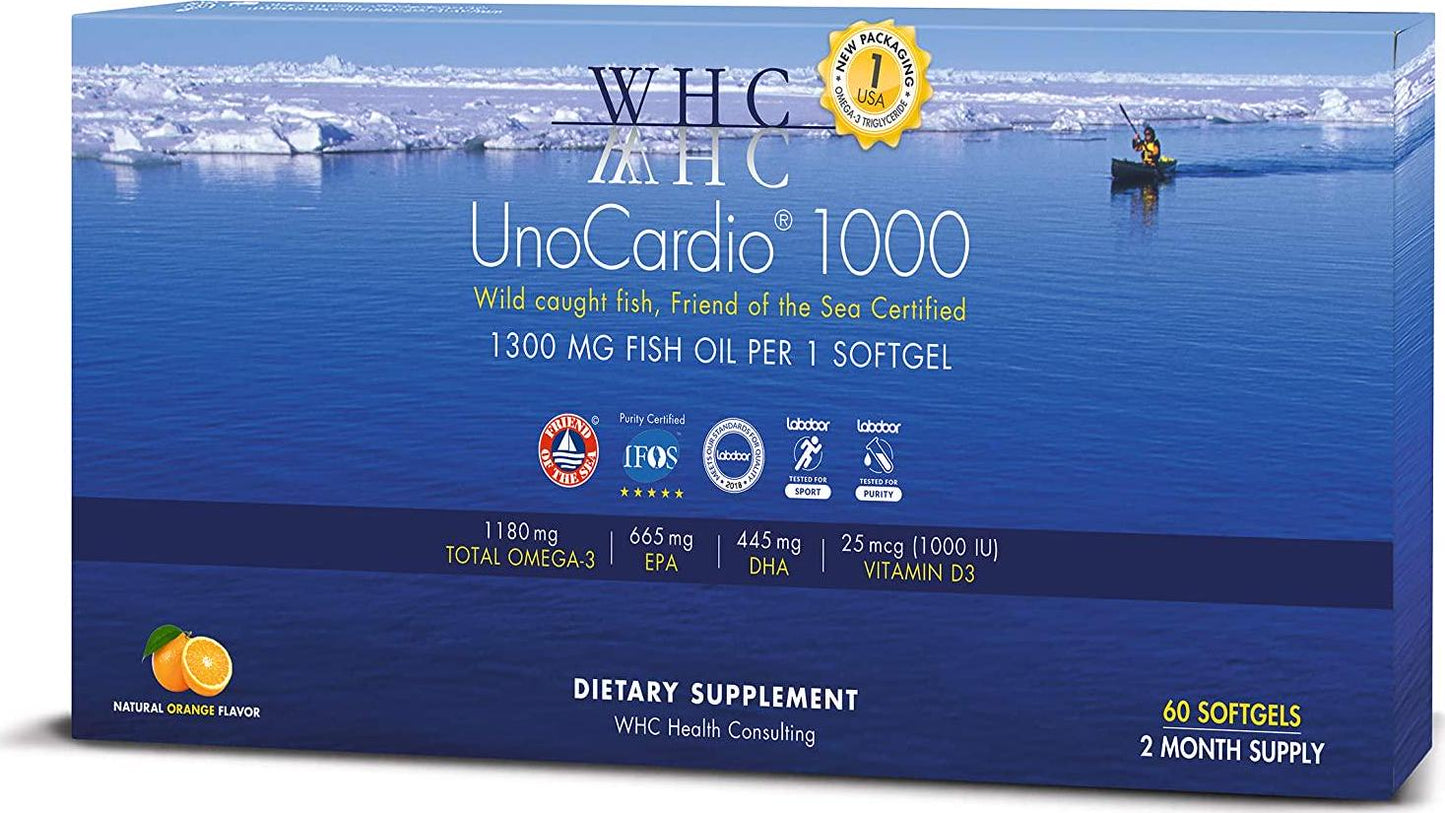 WHC - UnoCardio 1000 (60 Softgels) - 1300 mg of Pure Triglyceride Fish Oil with high Concentration Omega-3 (1180 mg), 665 mg EPA and 445 mg DHA and 25 mcg (1000 IU) Vitamin D3 per softgel