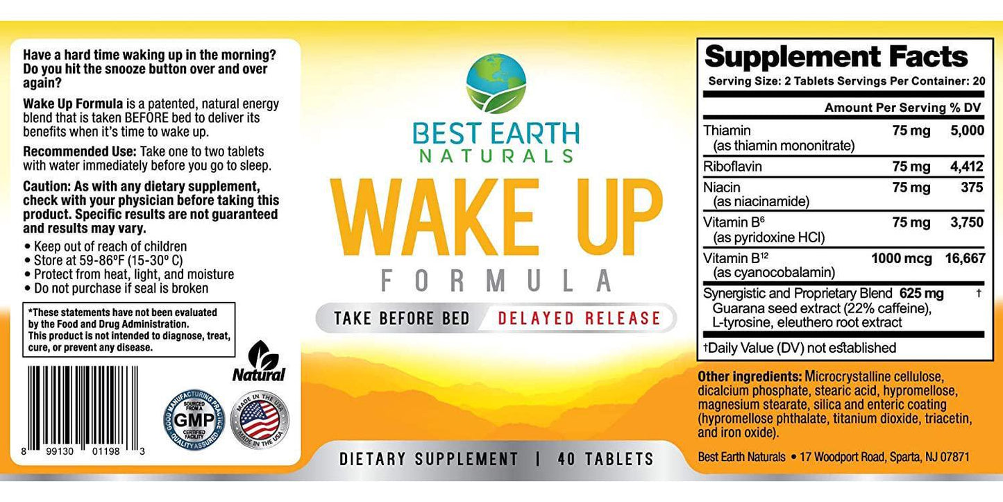 Wake Up Formula, Supplement Taken at Bedtime and Works While You Sleep for Delayed Time Release Energy in Morning. Alternative to Coffee and Morning Alarm Clock 40 Count