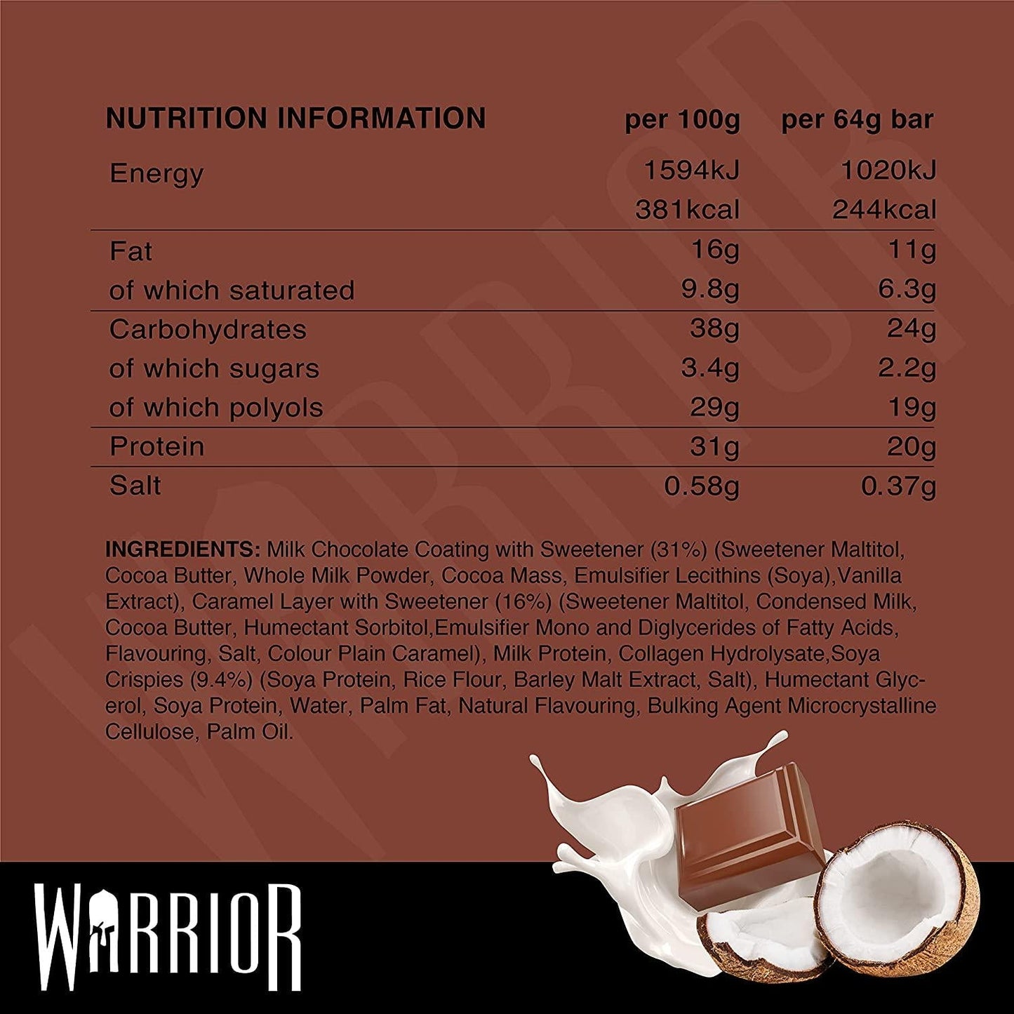 Warrior Crunch - Milk Chocolate Coconut Protein Bars, 12 x 64g