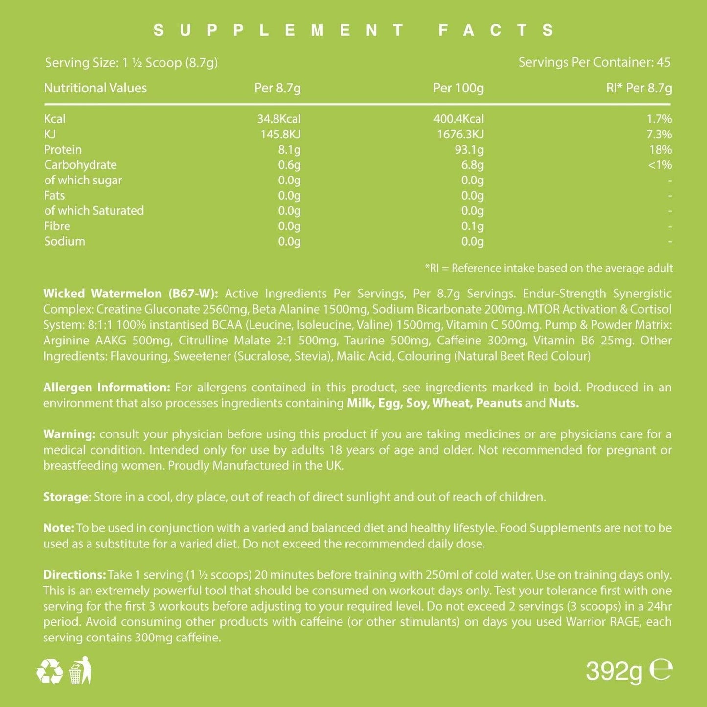 Warrior - RAGE Pre Workout Powder Wicked Watermelon 392g, WA-RG-045-03