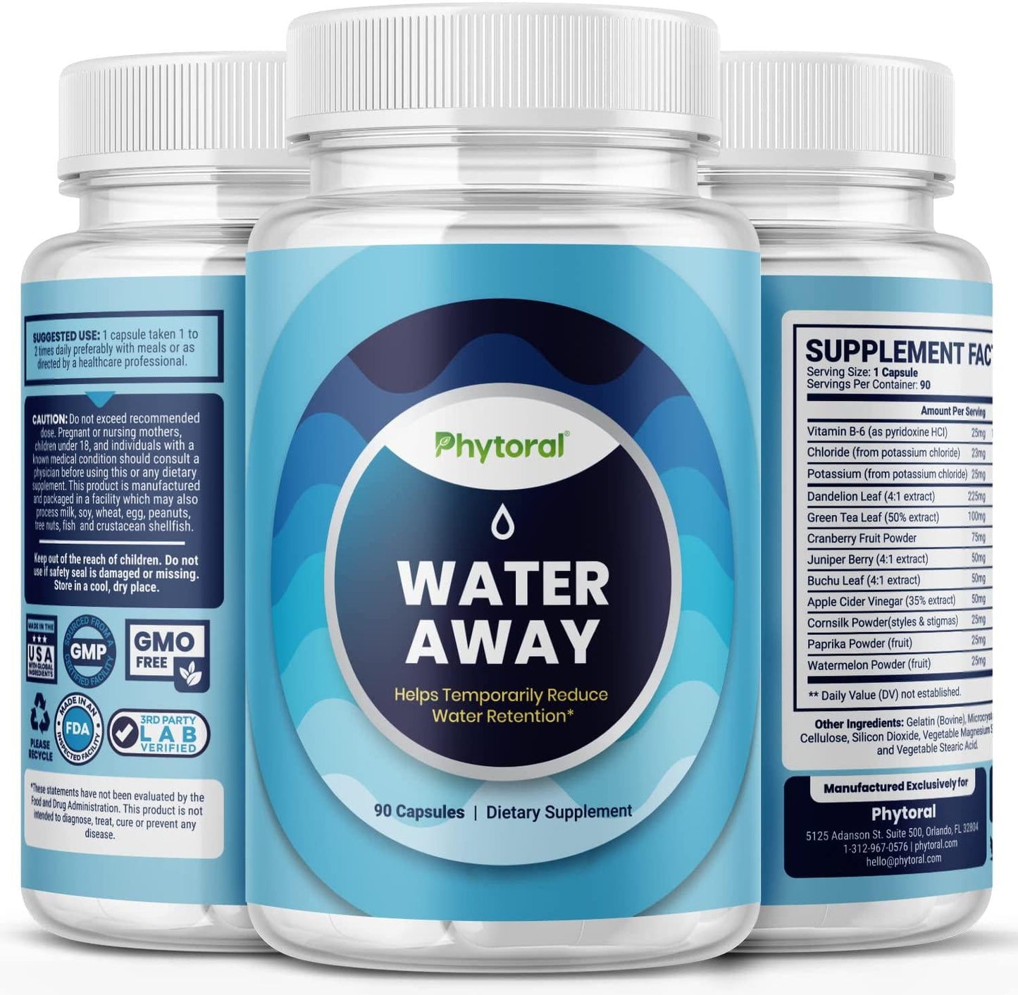 Water Away Diuretic Pills - Natural Water Weight Loss Support for Men and Women Fast Acting Bloating Swelling Relief Supplement - Pure Vitamin B6 Dandelion Green Tea Extract 90 Capsules by Tevare
