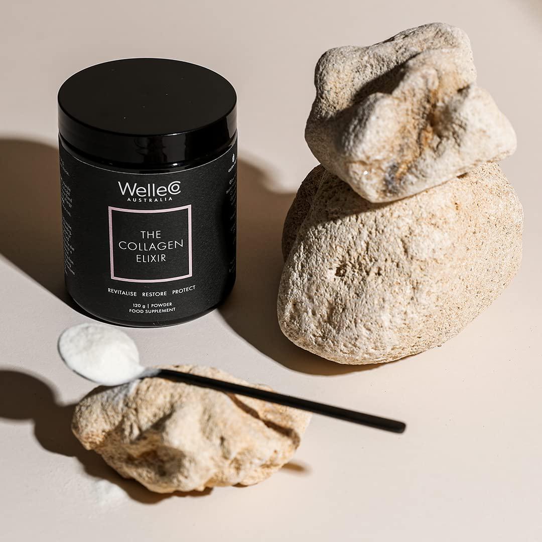 WelleCo, The Collagen Elixir, Unflavoured Powder, Marine Collage Peptide with Vitamin C and Hyaluronic Acid, Supports Glowing Skin, Strong Hair and Nails, 120g (4.23oz)