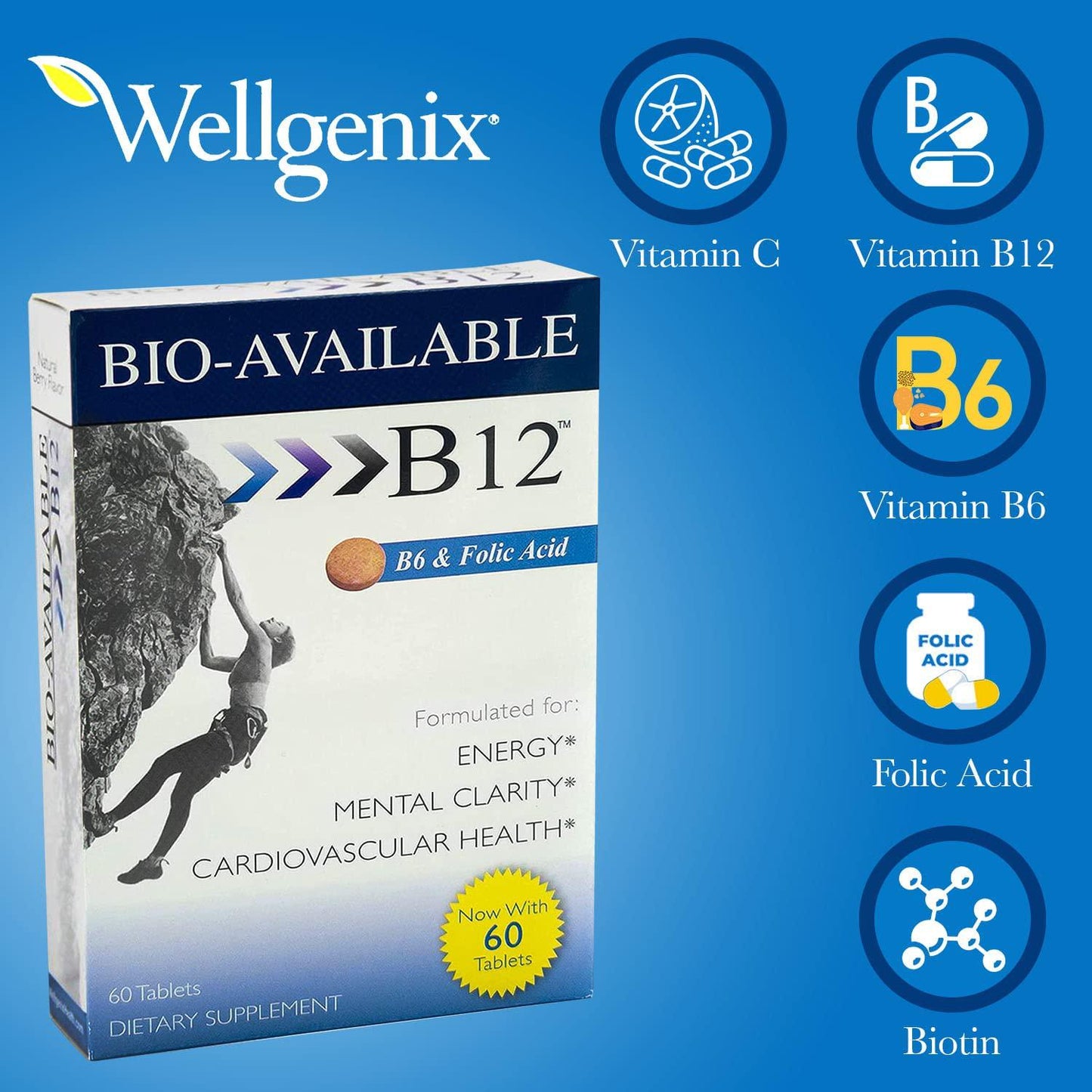 Wellgenix Bio-Available Sublingual B12 B6 W/Folic Acid Vitamin Formulated for High Absorption - Nutritional Multivitamin Supplement Methylcobalamin, Vitamin C, Biotin- Fast Dissolve (60 ct) (1)