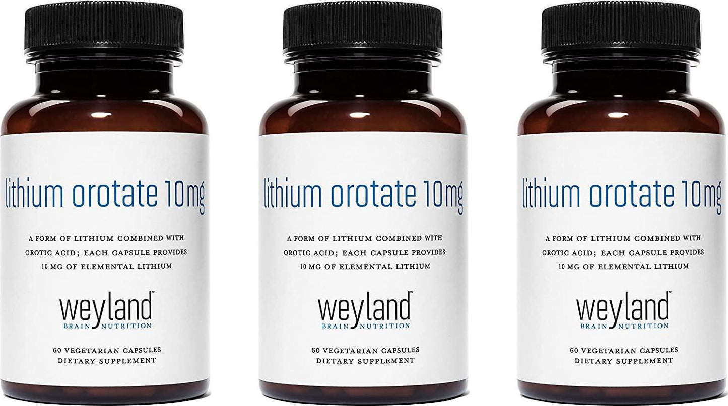 Weyland Brain Nutrition: Lithium Orotate 10mg (3 Bottles), 180 Vegetarian Capsules, Lithium Supplement Supports Healthy Mood, Behavior, Memory and Wellness
