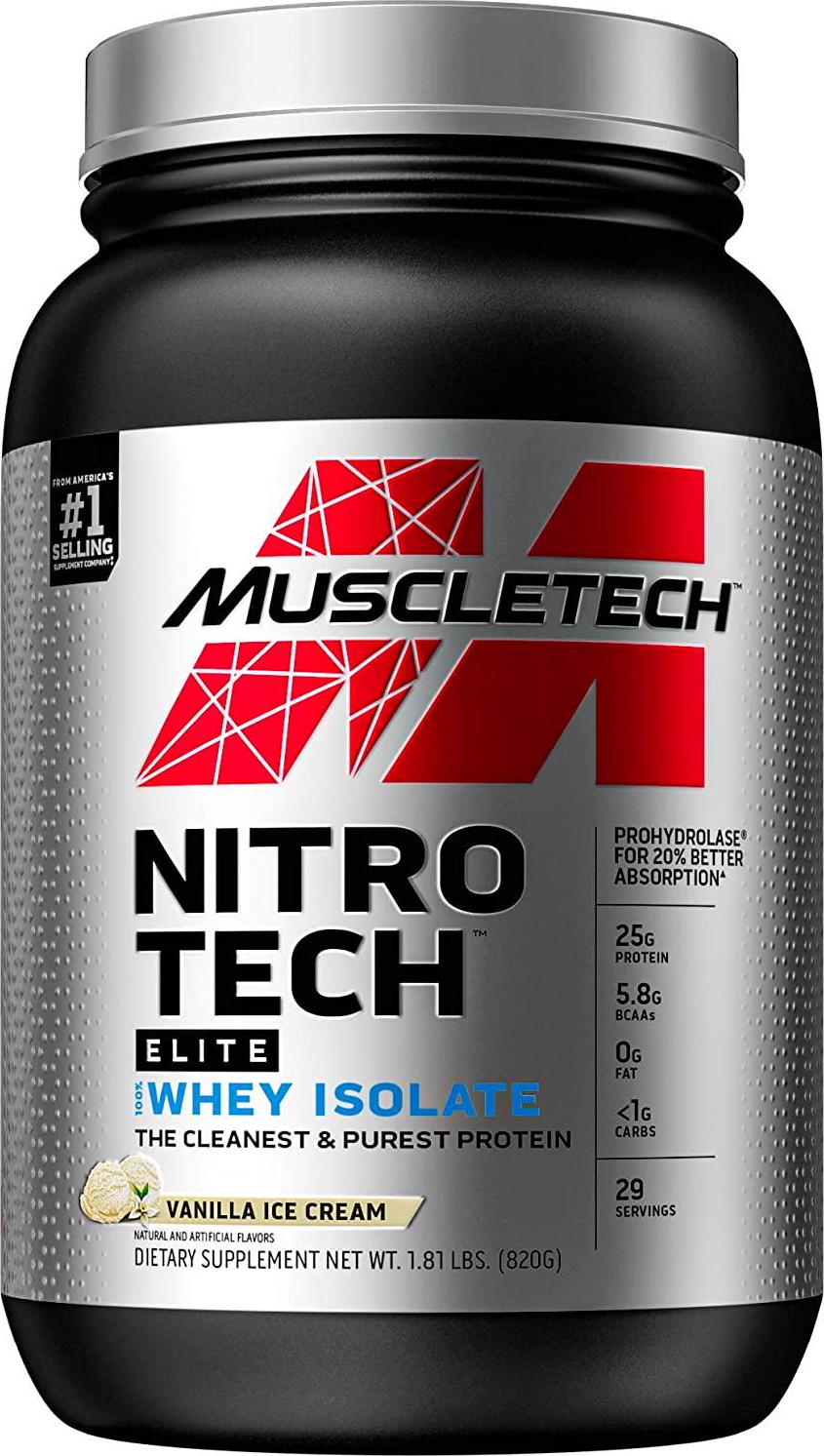 Whey Protein Isolate, MuscleTech Nitro-Tech Elite 100% Whey Isolate Protein Powder, Whey Protein Powder for Women and Men, Creatine Supplements, Vanilla Protein Powder, 820 g (29 Servings)