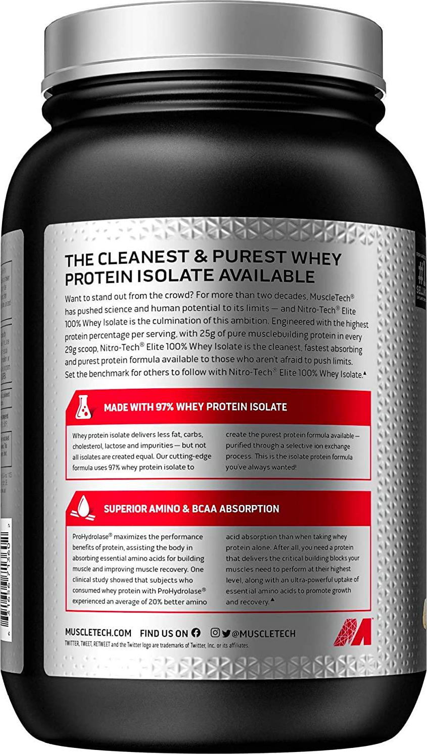 Whey Protein Isolate, MuscleTech Nitro-Tech Elite 100% Whey Isolate Protein Powder, Whey Protein Powder for Women and Men, Creatine Supplements, Vanilla Protein Powder, 820 g (29 Servings)